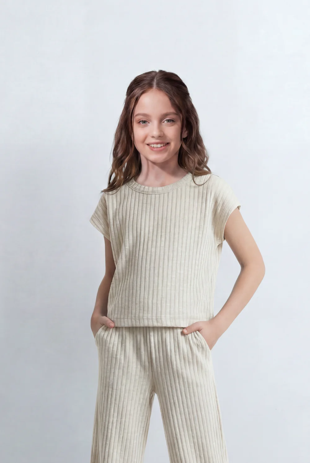 Girl's Tomato Store Ribbed Co-Ord Set Matching Top And Pants Vertical Texture Design Slim Fit Outfit - Image 11