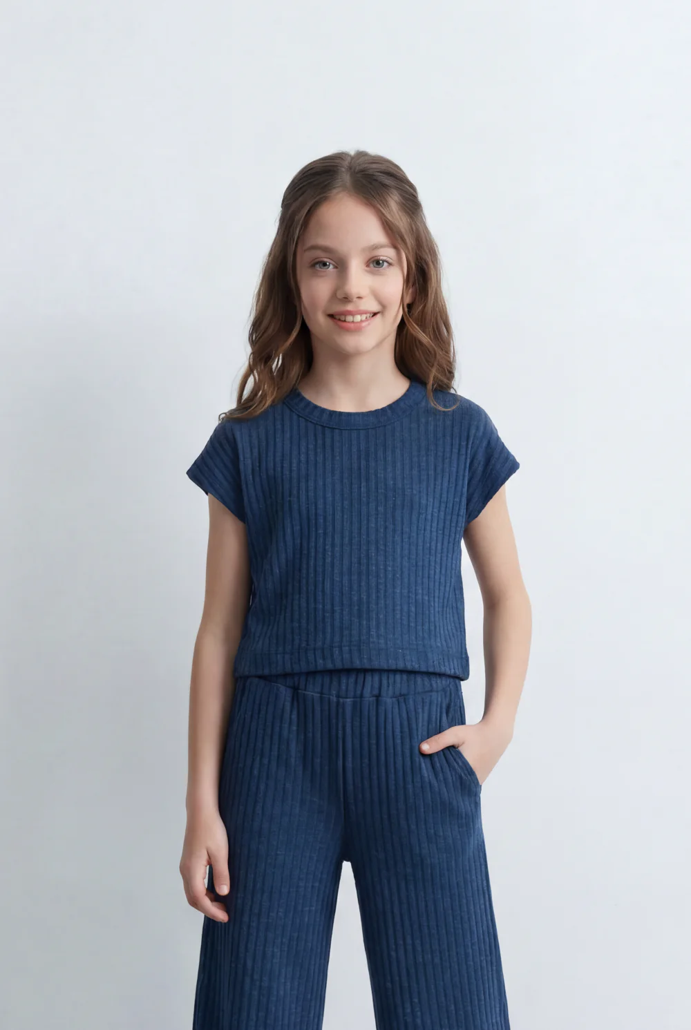 Girl's Tomato Store Ribbed Co-Ord Set Matching Top And Pants Vertical Texture Design Slim Fit Outfit - Image 16