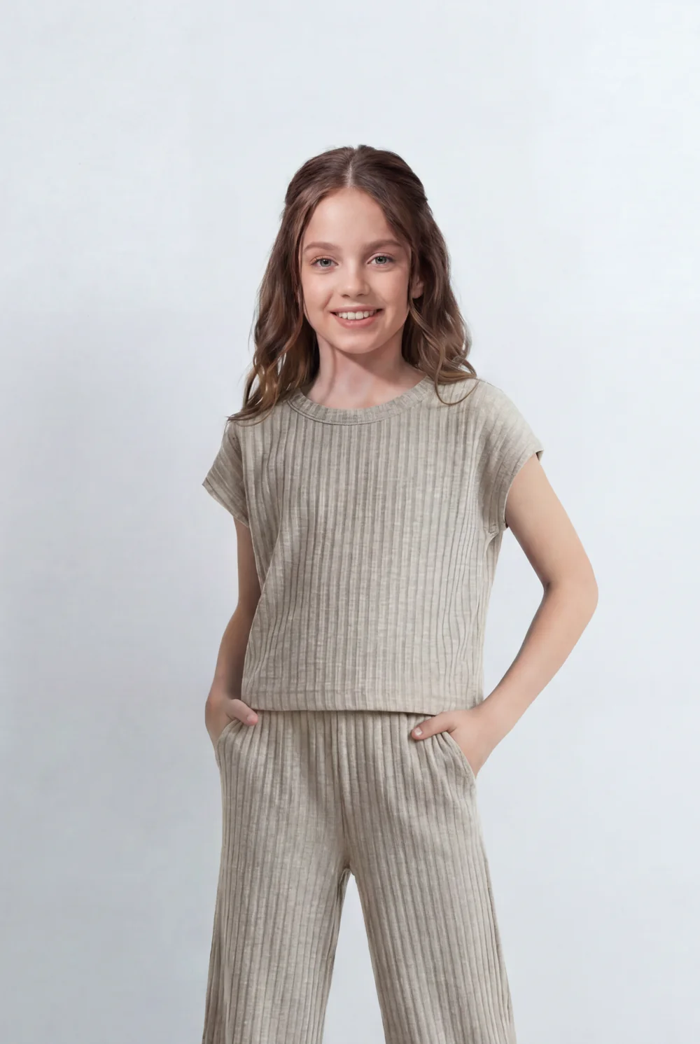 Girl's Tomato Store Ribbed Co-Ord Set Matching Top And Pants Vertical Texture Design Slim Fit Outfit - Image 3