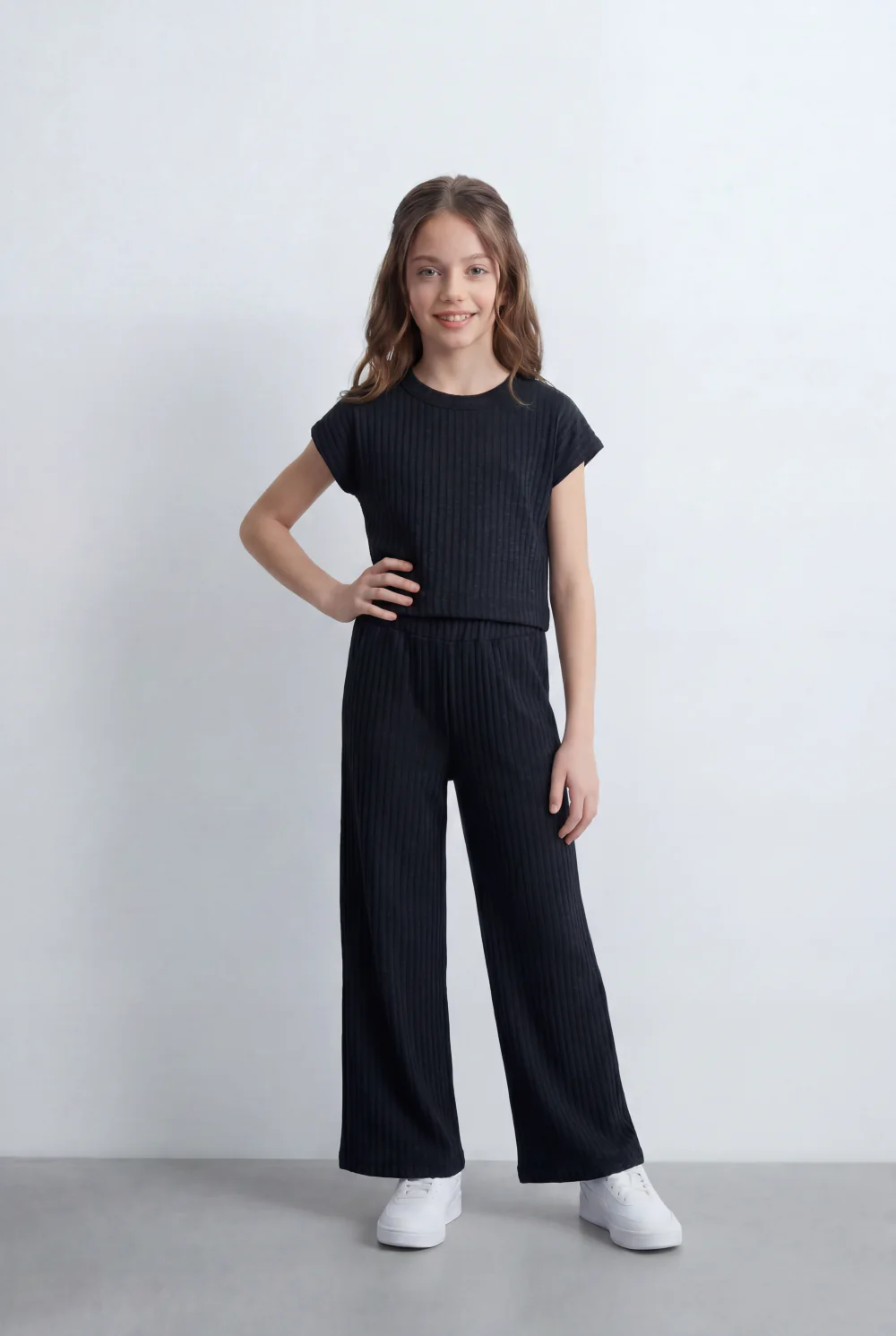 Girl's Tomato Store Ribbed Co-Ord Set Matching Top And Pants Vertical Texture Design Slim Fit Outfit - Image 5