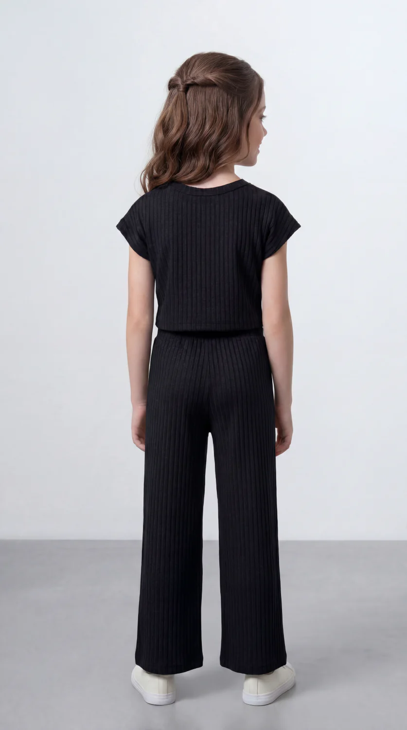 Girl's Tomato Store Ribbed Co-Ord Set Matching Top And Pants Vertical Texture Design Slim Fit Outfit - Image 6