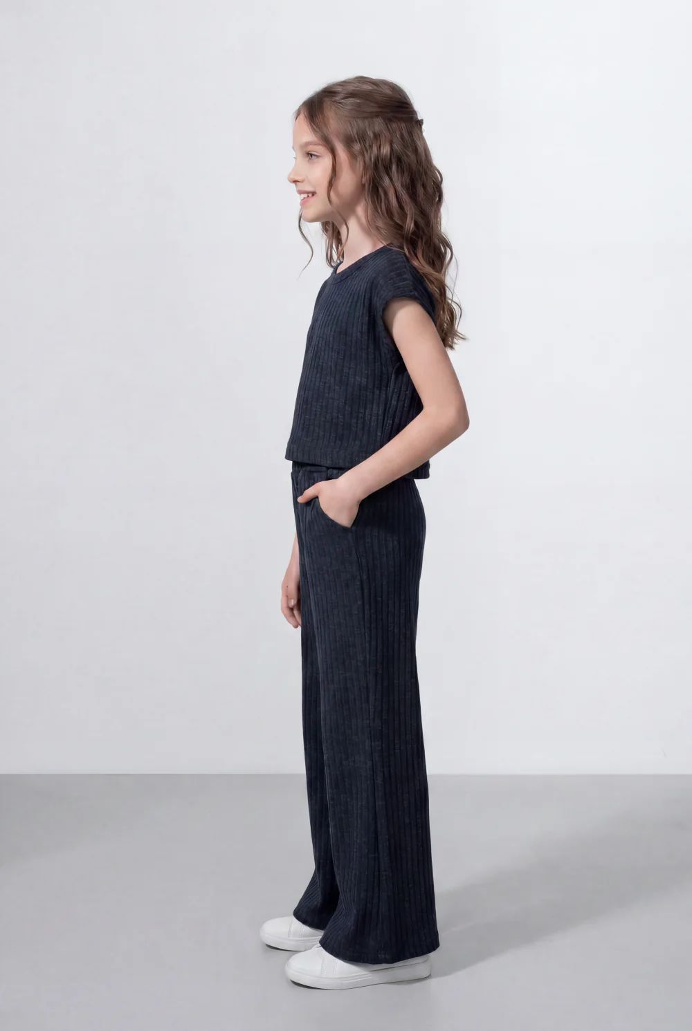 Girl's Tomato Store Ribbed Co-Ord Set Matching Top And Pants Vertical Texture Design Slim Fit Outfit - Image 8