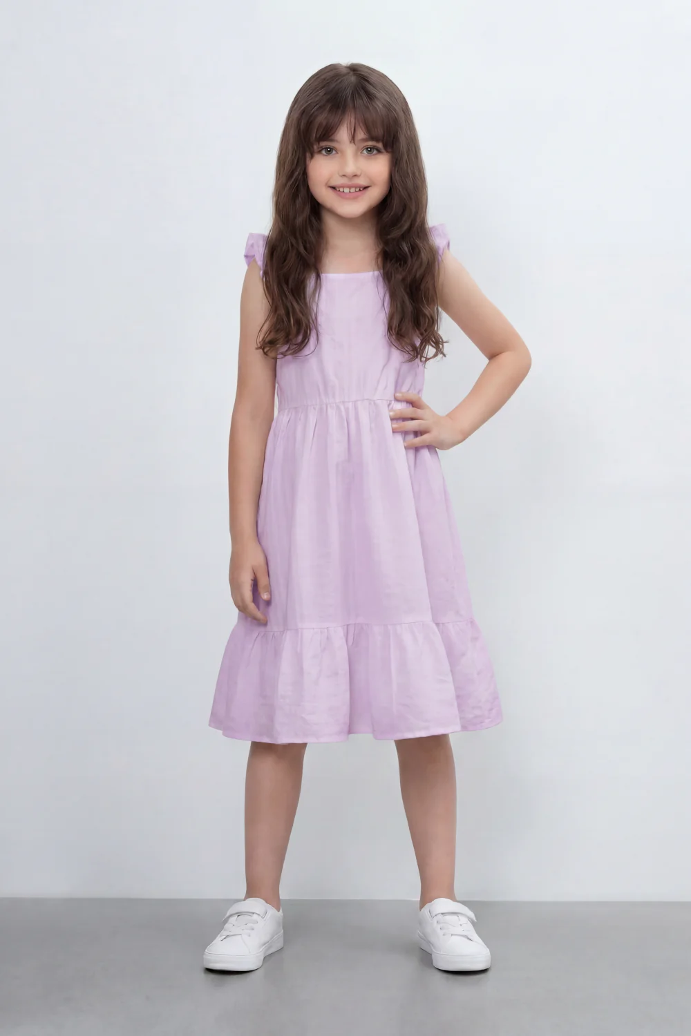 Girl's Tomato Store Seersucker Midi Slim Fit Dress With Crinkle Woven Texture Subtle Stripe Surface Ruffle Shoulder Detail Gathered Waist Side Pockets