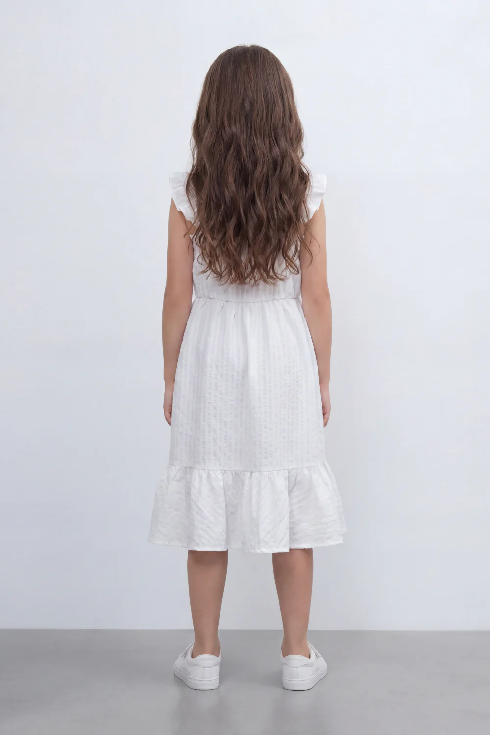 Girl's Tomato Store Seersucker Midi Slim Fit Dress With Crinkle Woven Texture Subtle Stripe Surface Ruffle Shoulder Detail Gathered Waist Side Pockets - Image 10
