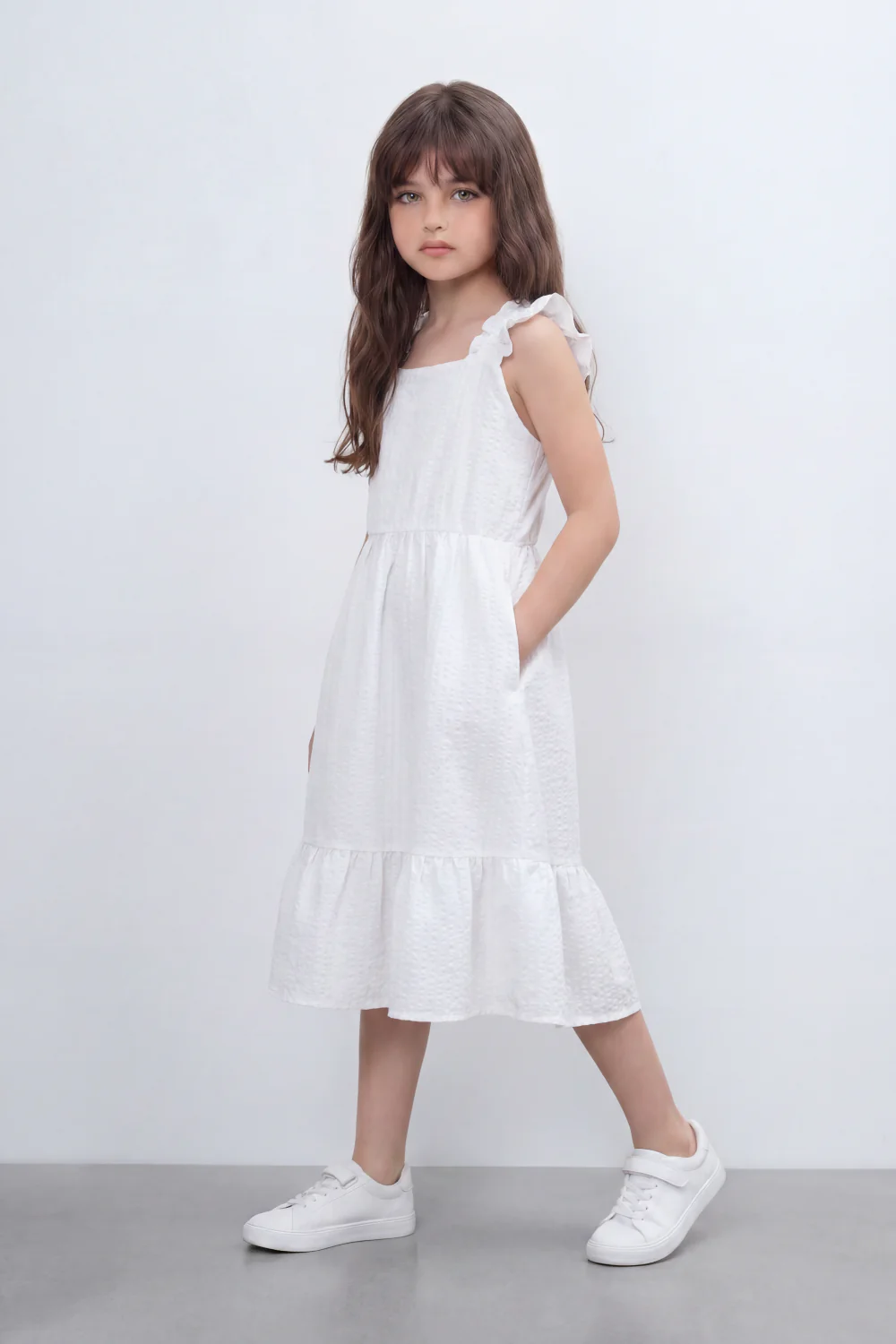 Girl's Tomato Store Seersucker Midi Slim Fit Dress With Crinkle Woven Texture Subtle Stripe Surface Ruffle Shoulder Detail Gathered Waist Side Pockets - Image 11