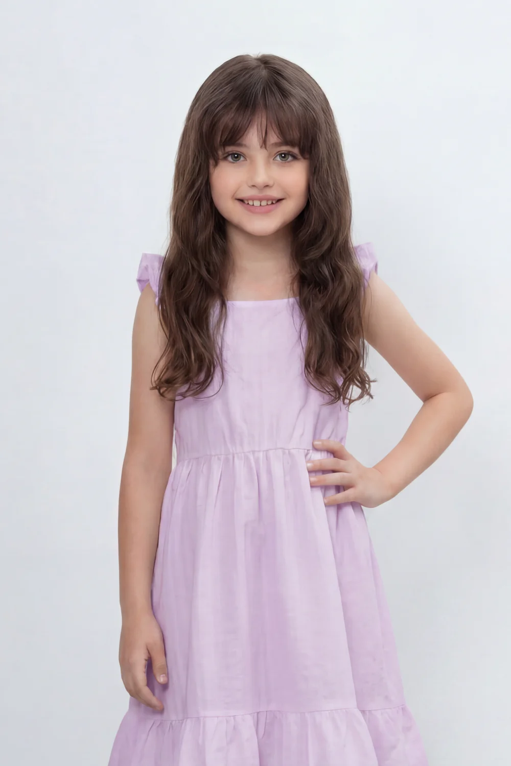 Girl's Tomato Store Seersucker Midi Slim Fit Dress With Crinkle Woven Texture Subtle Stripe Surface Ruffle Shoulder Detail Gathered Waist Side Pockets - Image 4
