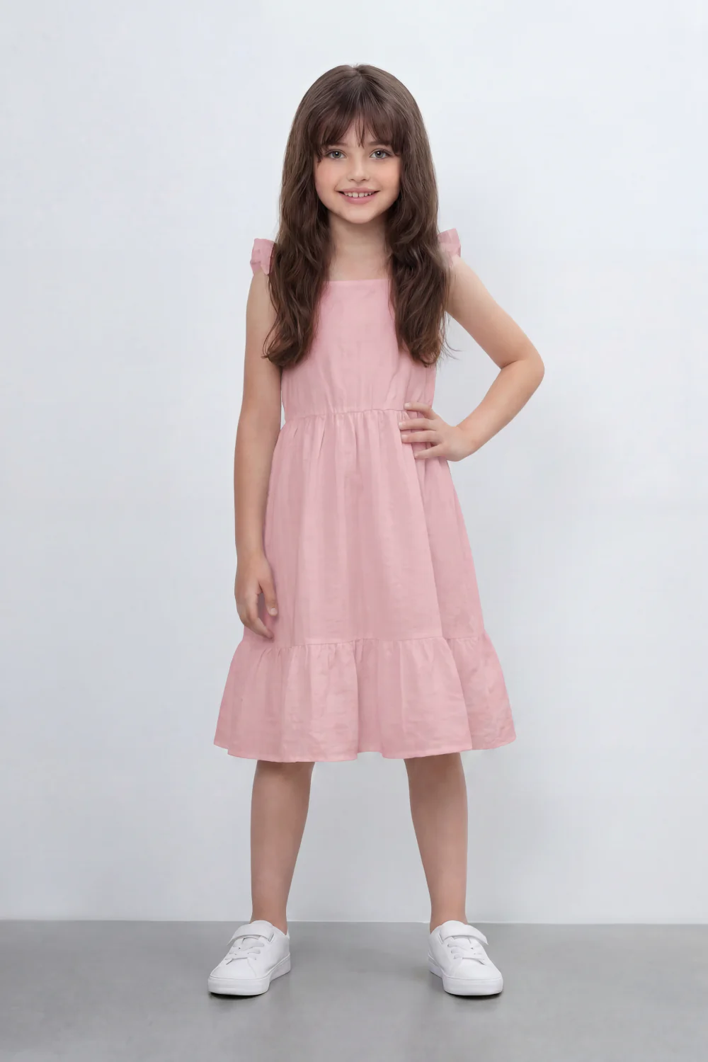 Girl's Tomato Store Seersucker Midi Slim Fit Dress With Crinkle Woven Texture Subtle Stripe Surface Ruffle Shoulder Detail Gathered Waist Side Pockets - Image 5