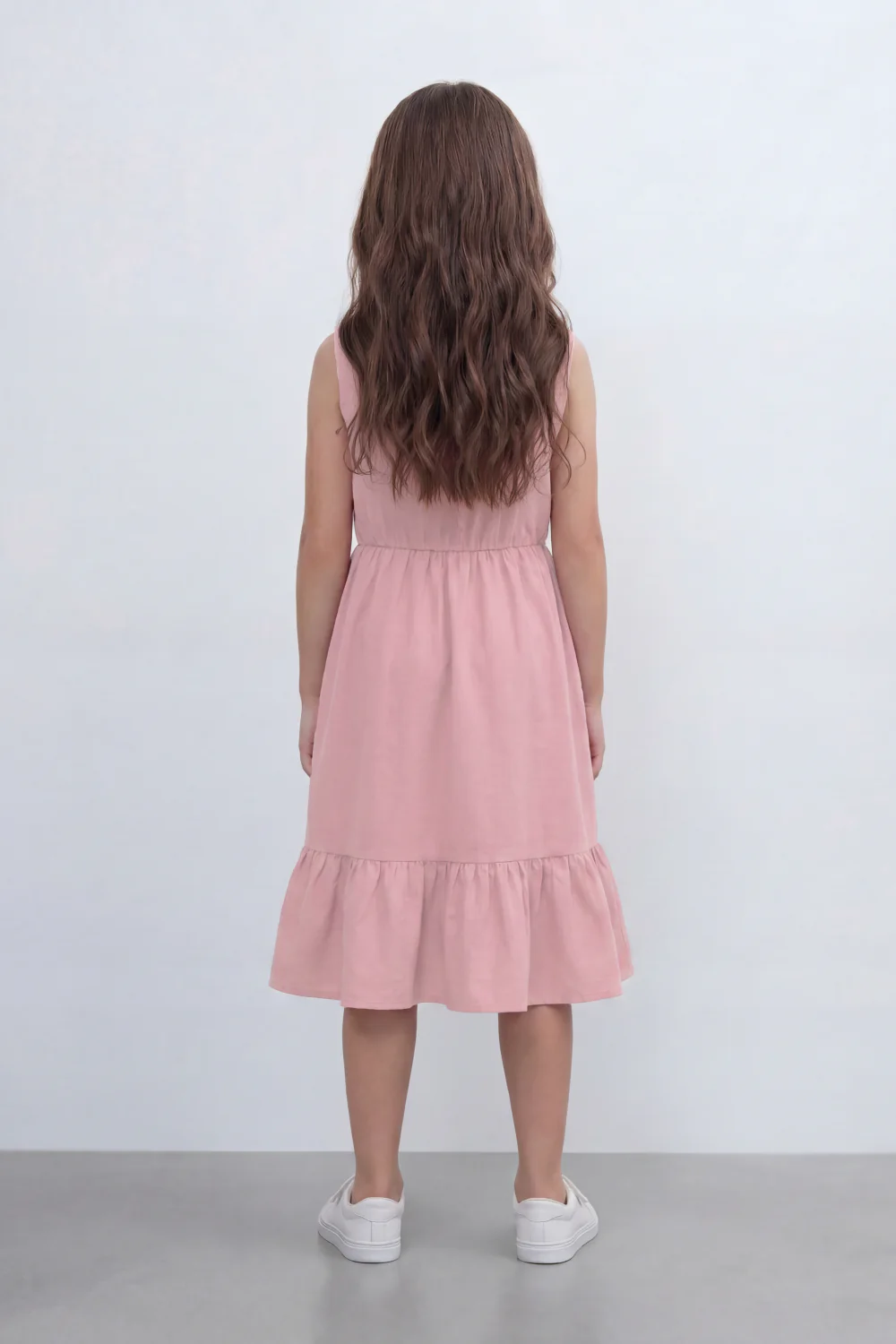 Girl's Tomato Store Seersucker Midi Slim Fit Dress With Crinkle Woven Texture Subtle Stripe Surface Ruffle Shoulder Detail Gathered Waist Side Pockets - Image 6