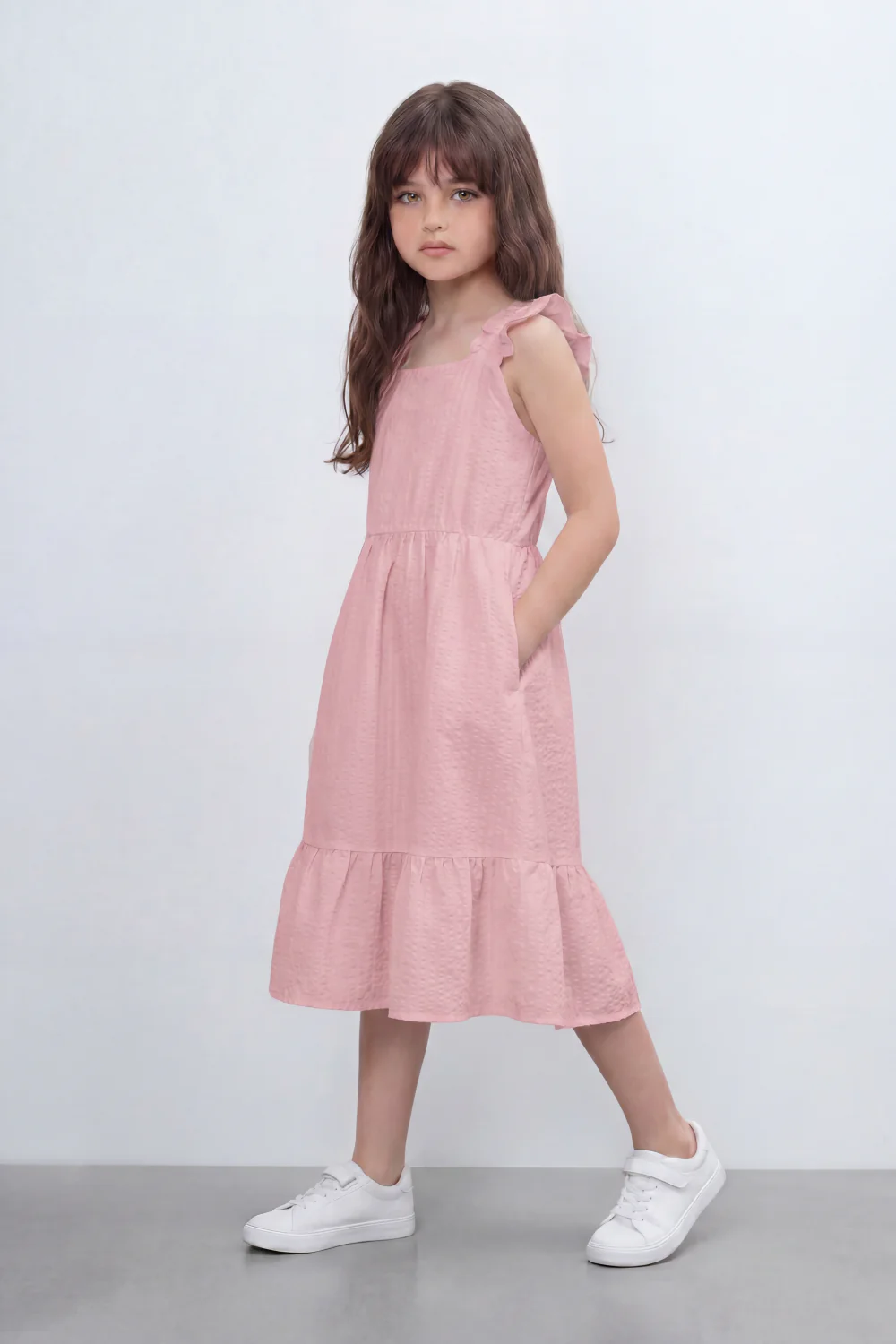 Girl's Tomato Store Seersucker Midi Slim Fit Dress With Crinkle Woven Texture Subtle Stripe Surface Ruffle Shoulder Detail Gathered Waist Side Pockets - Image 7