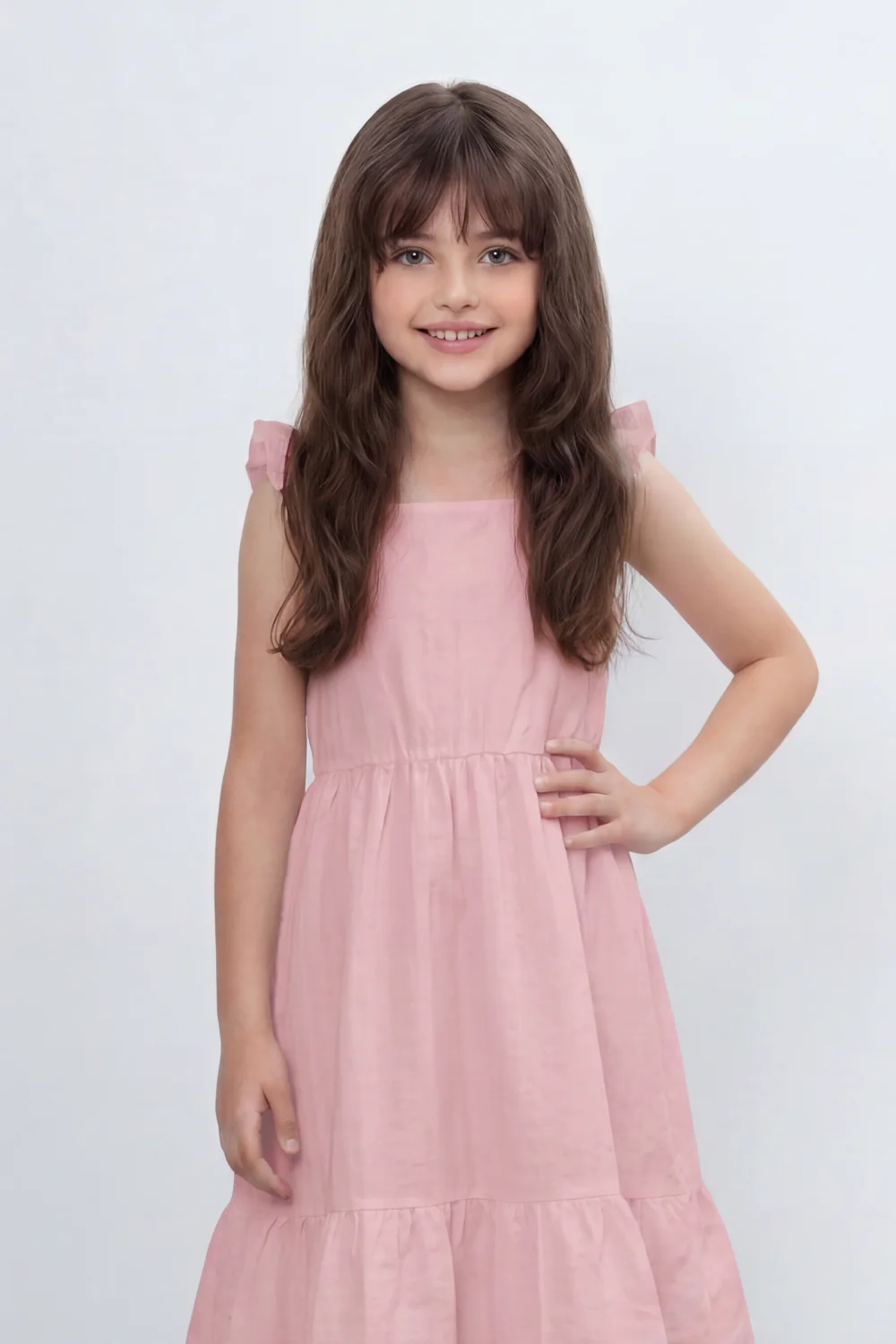 Girl's Tomato Store Seersucker Midi Slim Fit Dress With Crinkle Woven Texture Subtle Stripe Surface Ruffle Shoulder Detail Gathered Waist Side Pockets - Image 8