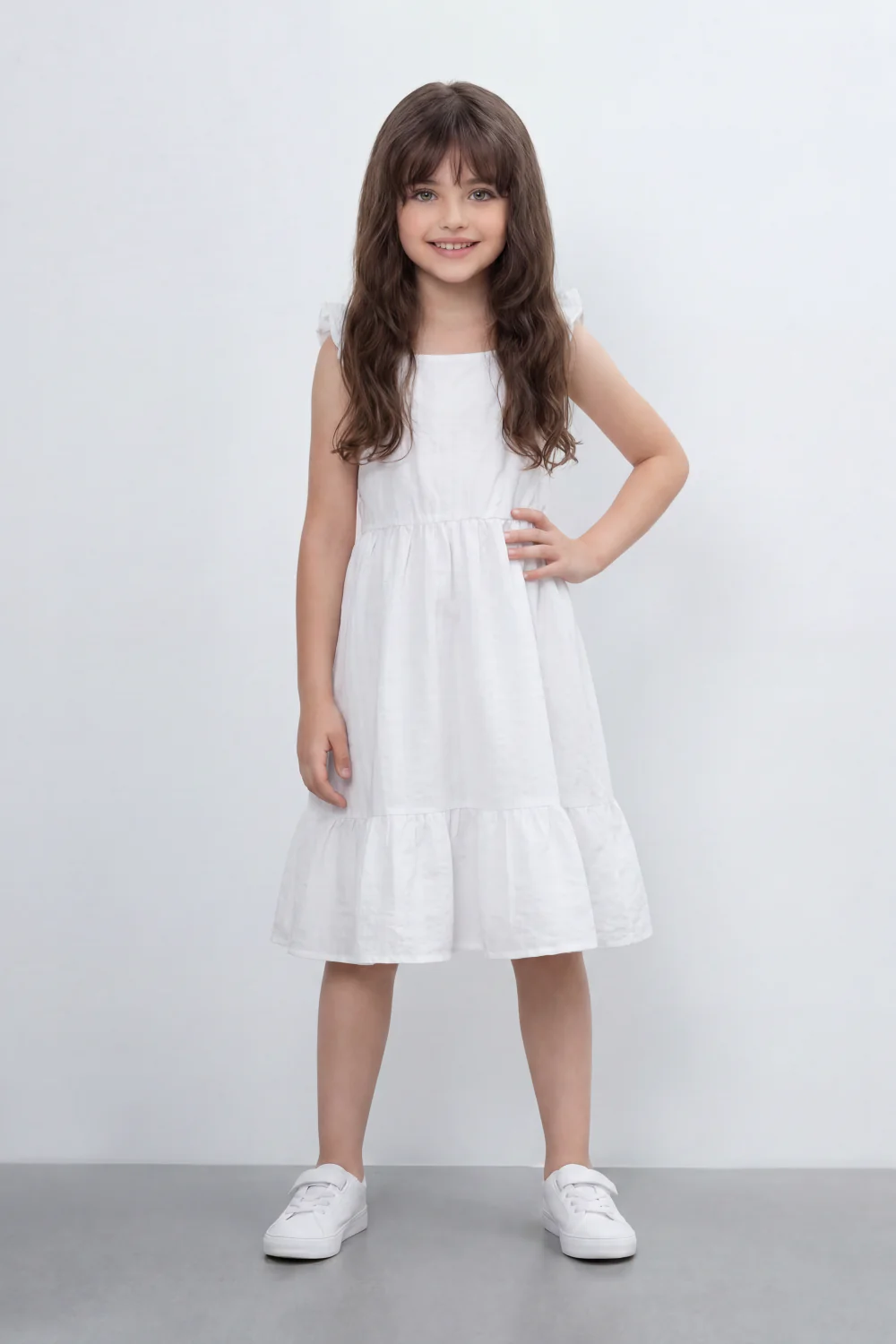 Girl's Tomato Store Seersucker Midi Slim Fit Dress With Crinkle Woven Texture Subtle Stripe Surface Ruffle Shoulder Detail Gathered Waist Side Pockets - Image 9