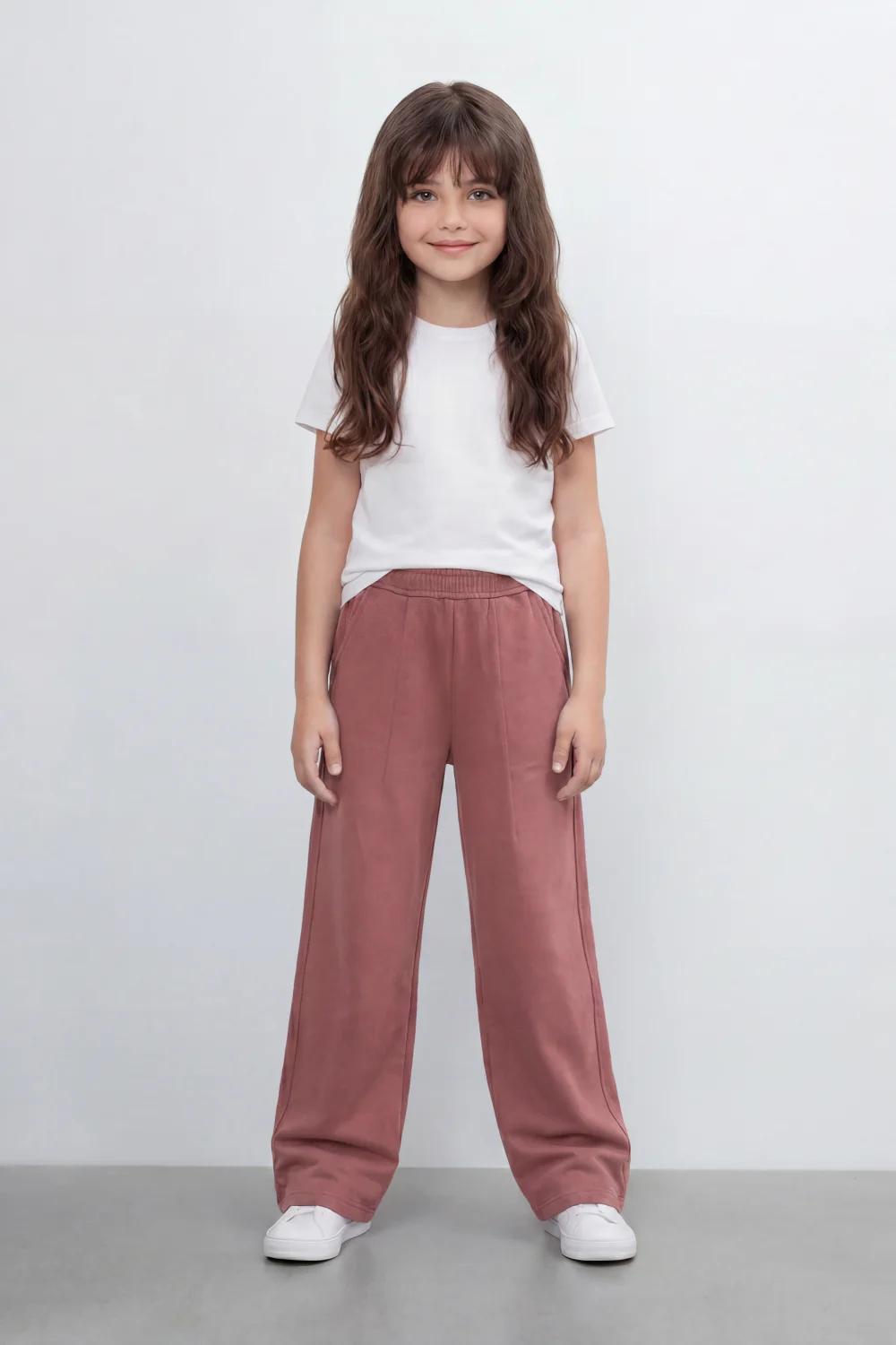 Girl's Tomato Store Soft Drape Wide Leg Pants With Garment Washed Jersey Texture Plain Dyed Surface Front Pintuck Seam Detail Sweatpants - Image 7