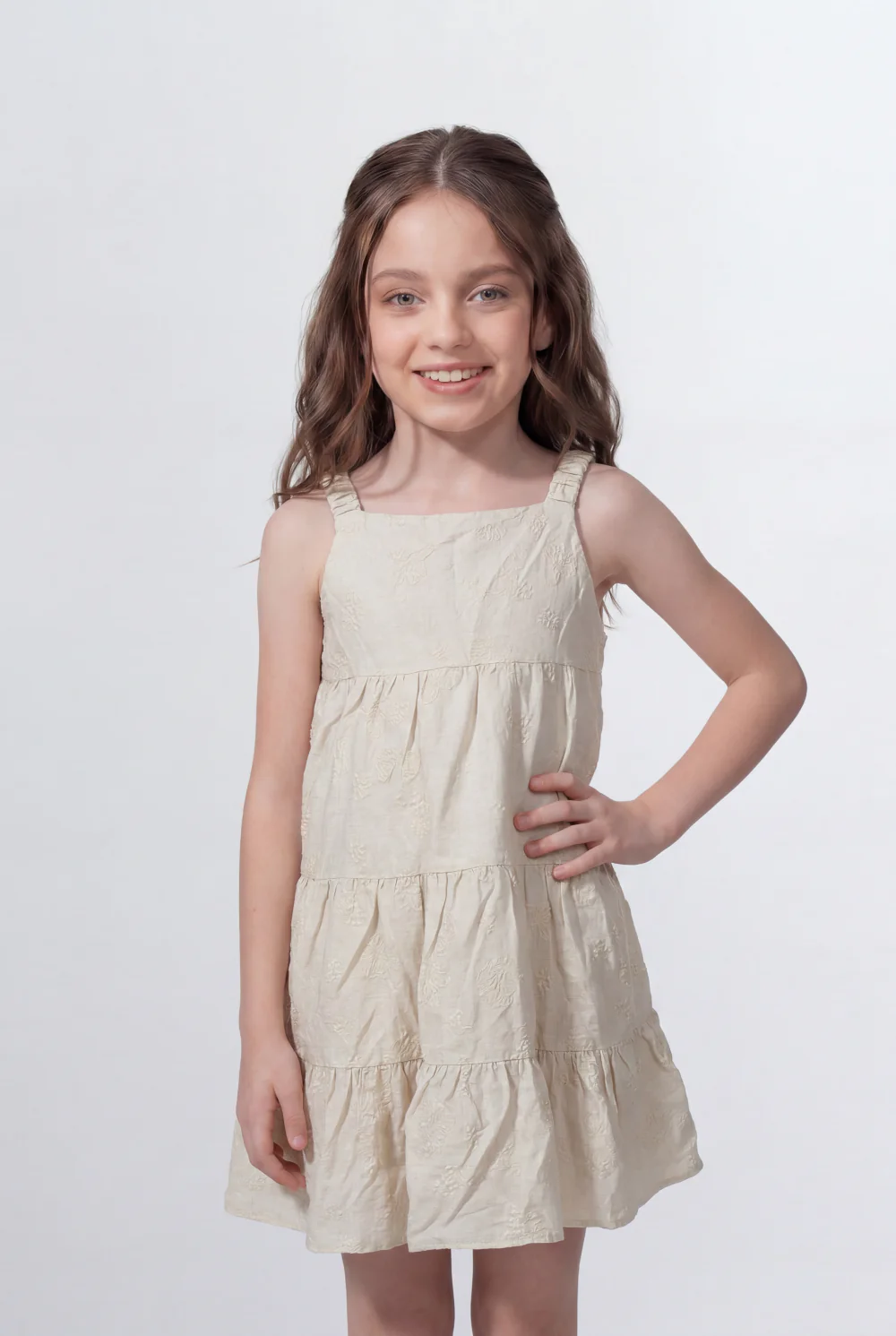Girl's Tomato Store Tiered Linen Dress Textured Fabric Surface Square Neck Design Ruffle Strap Detail Flowy Layered