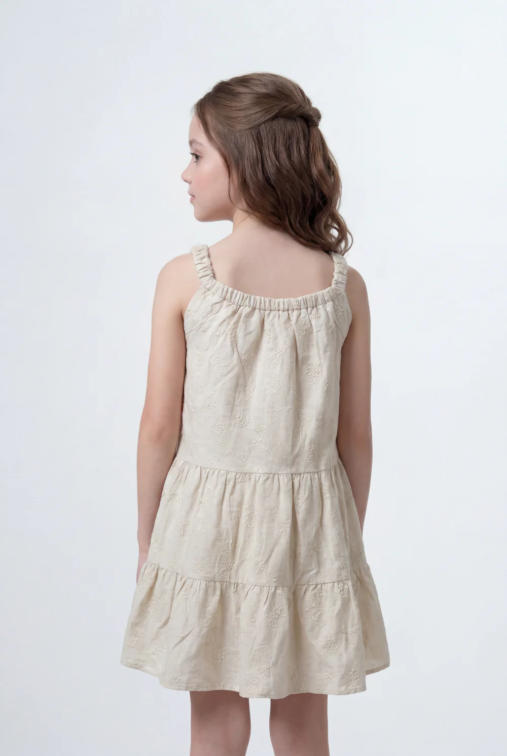 Girl's Tomato Store Tiered Linen Dress Textured Fabric Surface Square Neck Design Ruffle Strap Detail Flowy Layered - Image 3