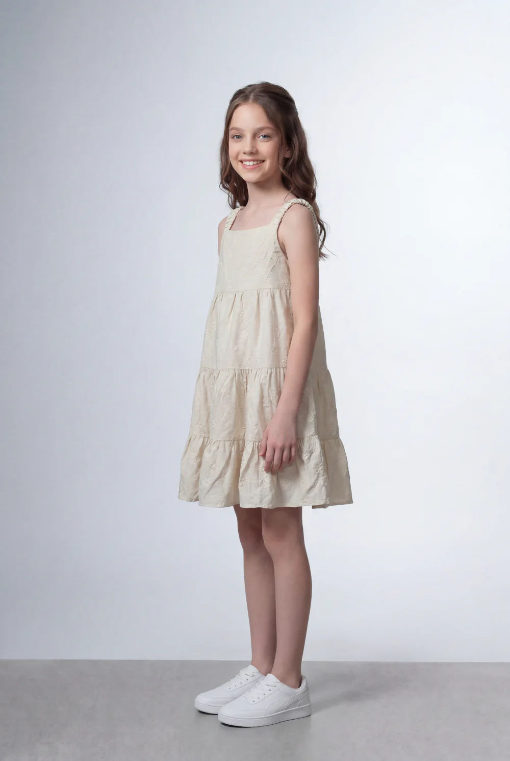 Girl's Tomato Store Tiered Linen Dress Textured Fabric Surface Square Neck Design Ruffle Strap Detail Flowy Layered - Image 4