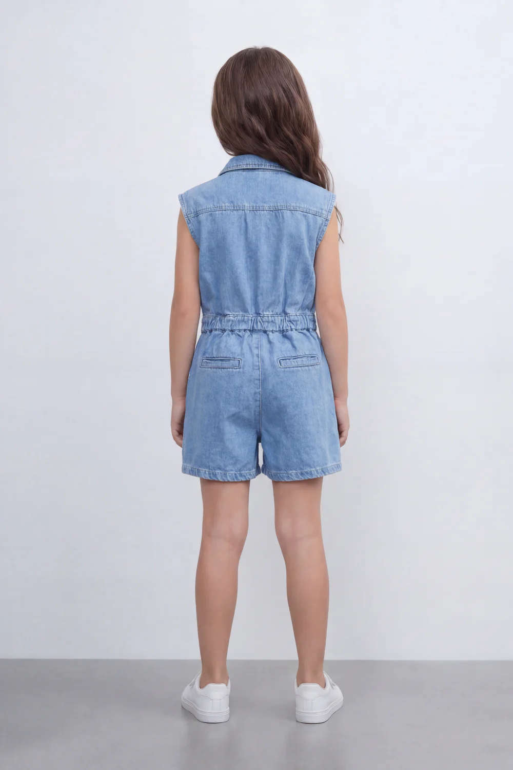 Girl's Tomato Store Zip Denim Reguler Fit Playsuit Washed Denim Texture Faded Grain Surface Front Zip Closure Elastic Drawcord Waist Jumpsuit - Image 2
