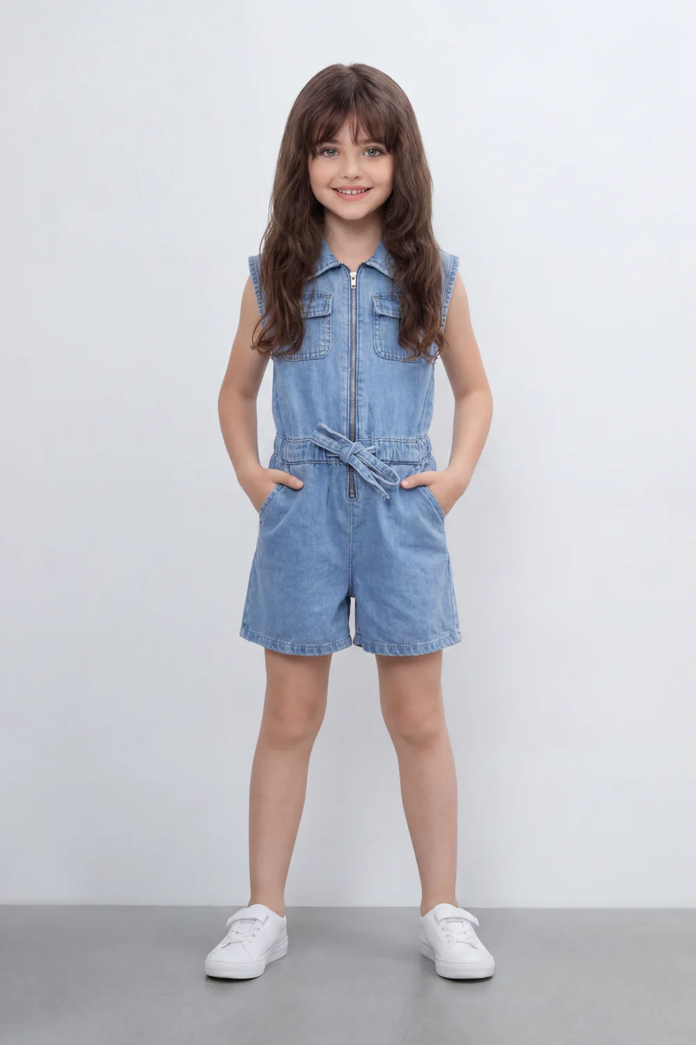 Girl's Tomato Store Zip Denim Reguler Fit Playsuit Washed Denim Texture Faded Grain Surface Front Zip Closure Elastic Drawcord Waist Jumpsuit - Image 3