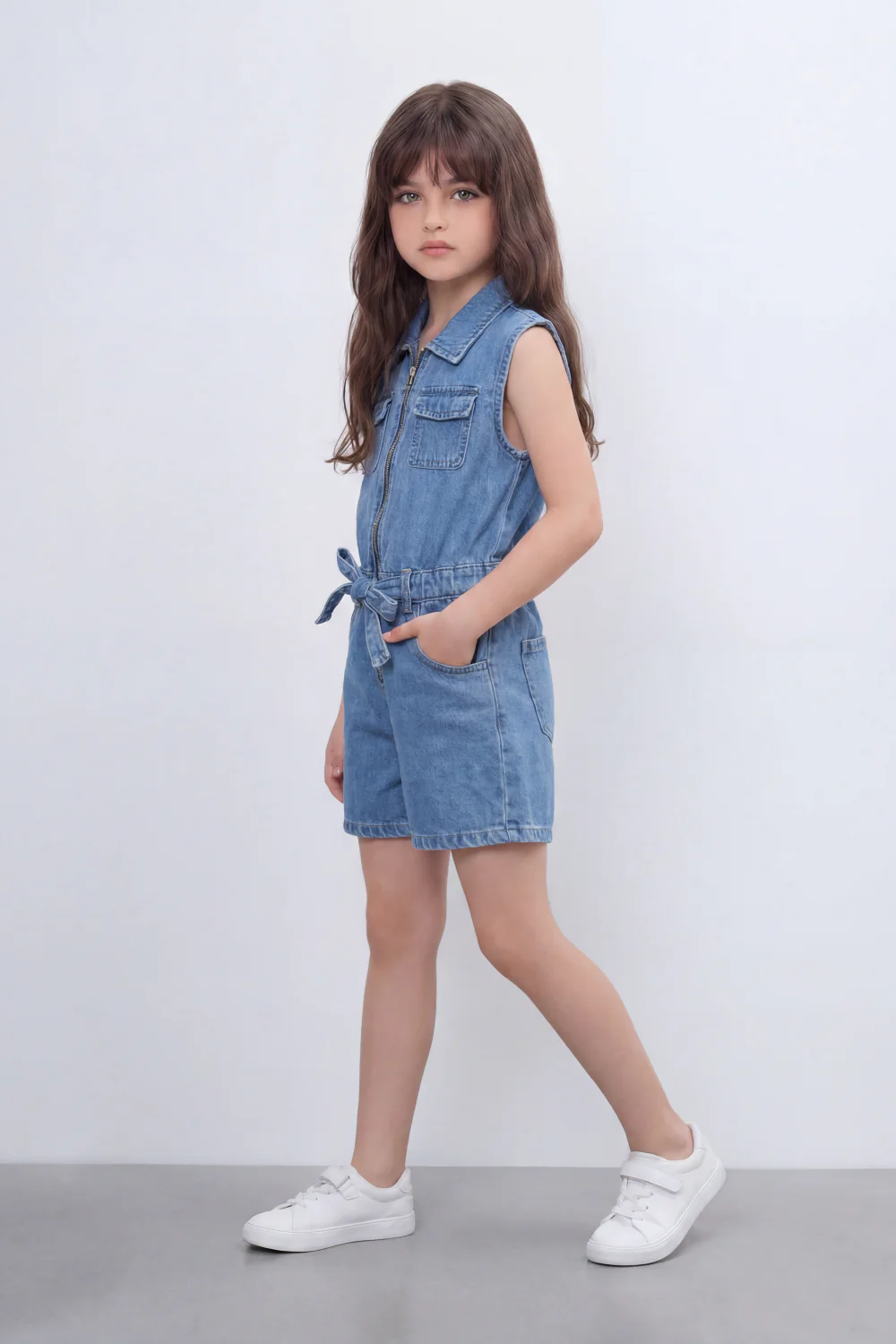 Girl's Tomato Store Zip Denim Reguler Fit Playsuit Washed Denim Texture Faded Grain Surface Front Zip Closure Elastic Drawcord Waist Jumpsuit - Image 4