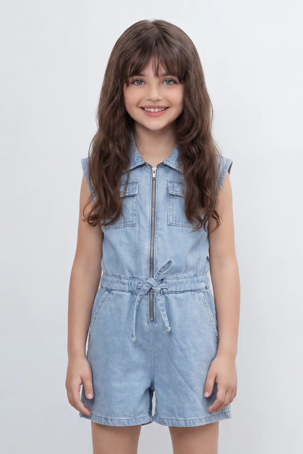Girl's Tomato Store Zip Denim Reguler Fit Playsuit Washed Denim Texture Faded Grain Surface Front Zip Closure Elastic Drawcord Waist Jumpsuit - Image 5