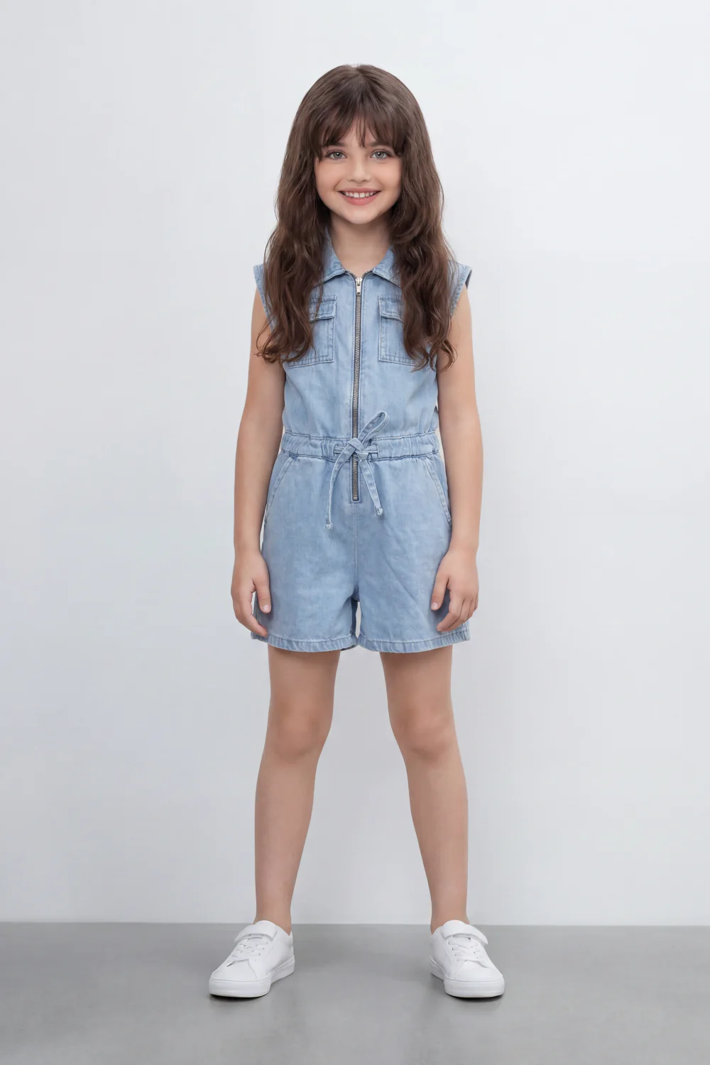 Girl's Tomato Store Zip Denim Reguler Fit Playsuit Washed Denim Texture Faded Grain Surface Front Zip Closure Elastic Drawcord Waist Jumpsuit - Image 7