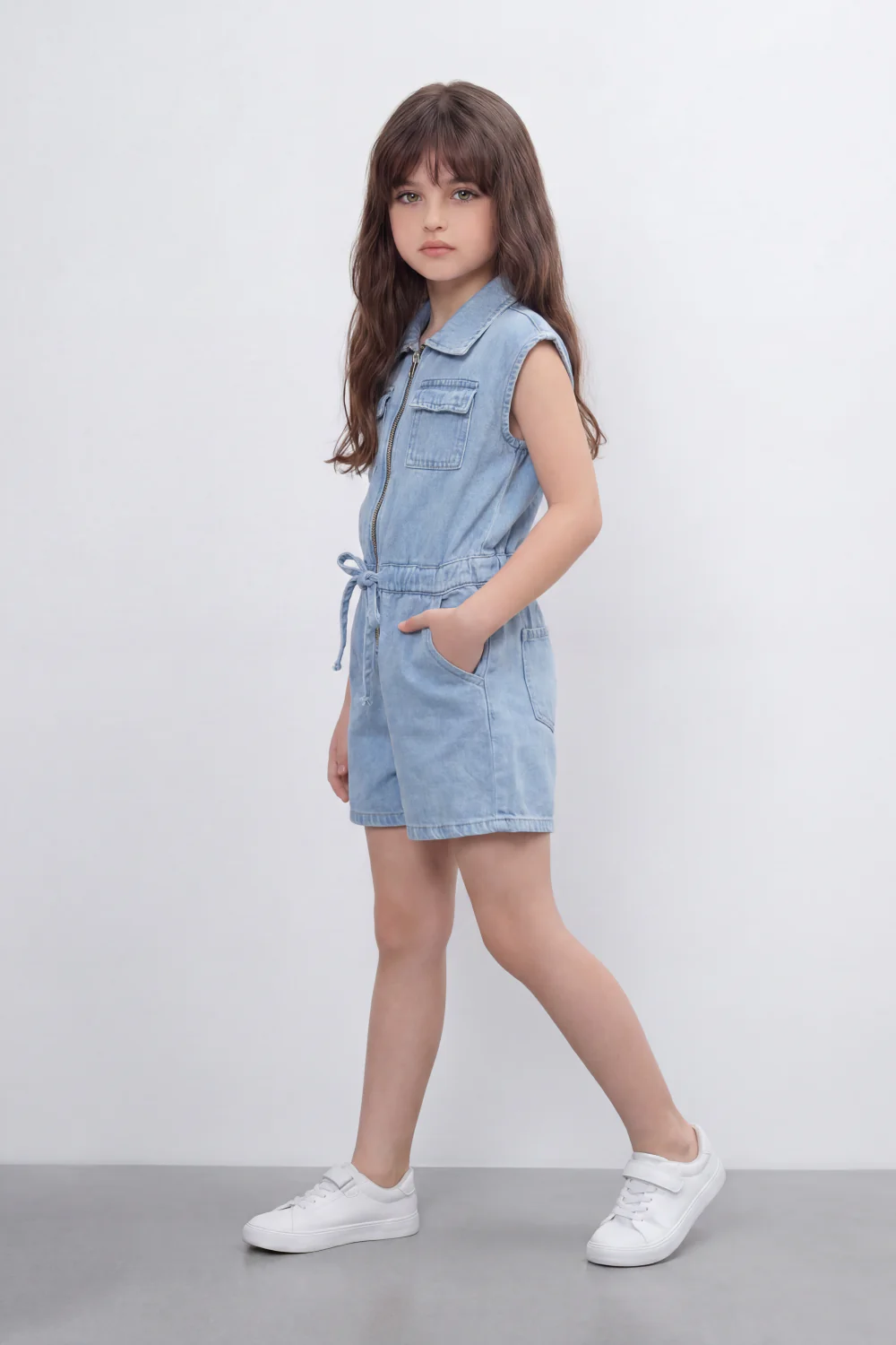 Girl's Tomato Store Zip Denim Reguler Fit Playsuit Washed Denim Texture Faded Grain Surface Front Zip Closure Elastic Drawcord Waist Jumpsuit - Image 8