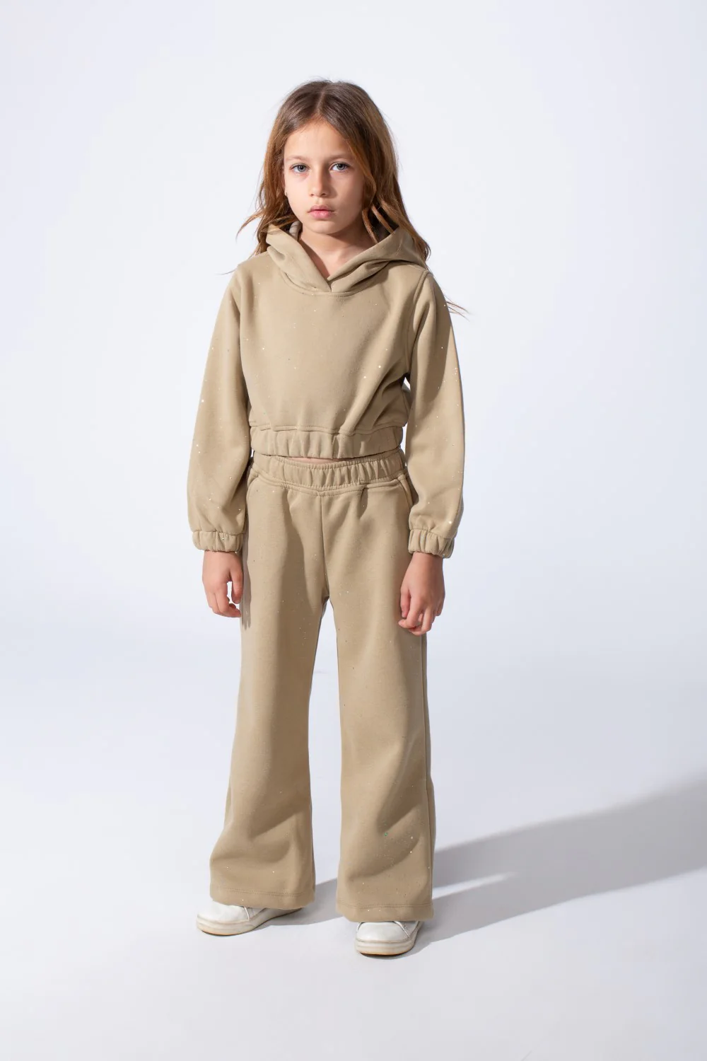 Girl's Two-Piece Cropped Elasticated Long Sleeve And Waistband Sleek Minimalist Design Comfy Melton Outfit Set