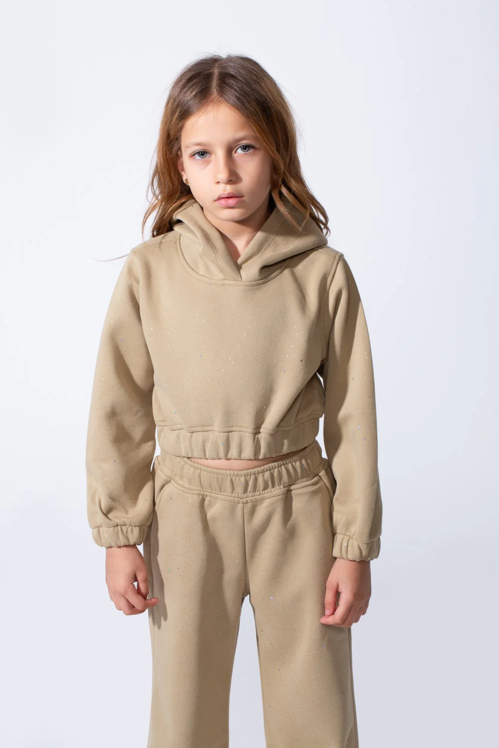 Girl's Two-Piece Cropped Elasticated Long Sleeve And Waistband Sleek Minimalist Design Comfy Melton Outfit Set - Image 3