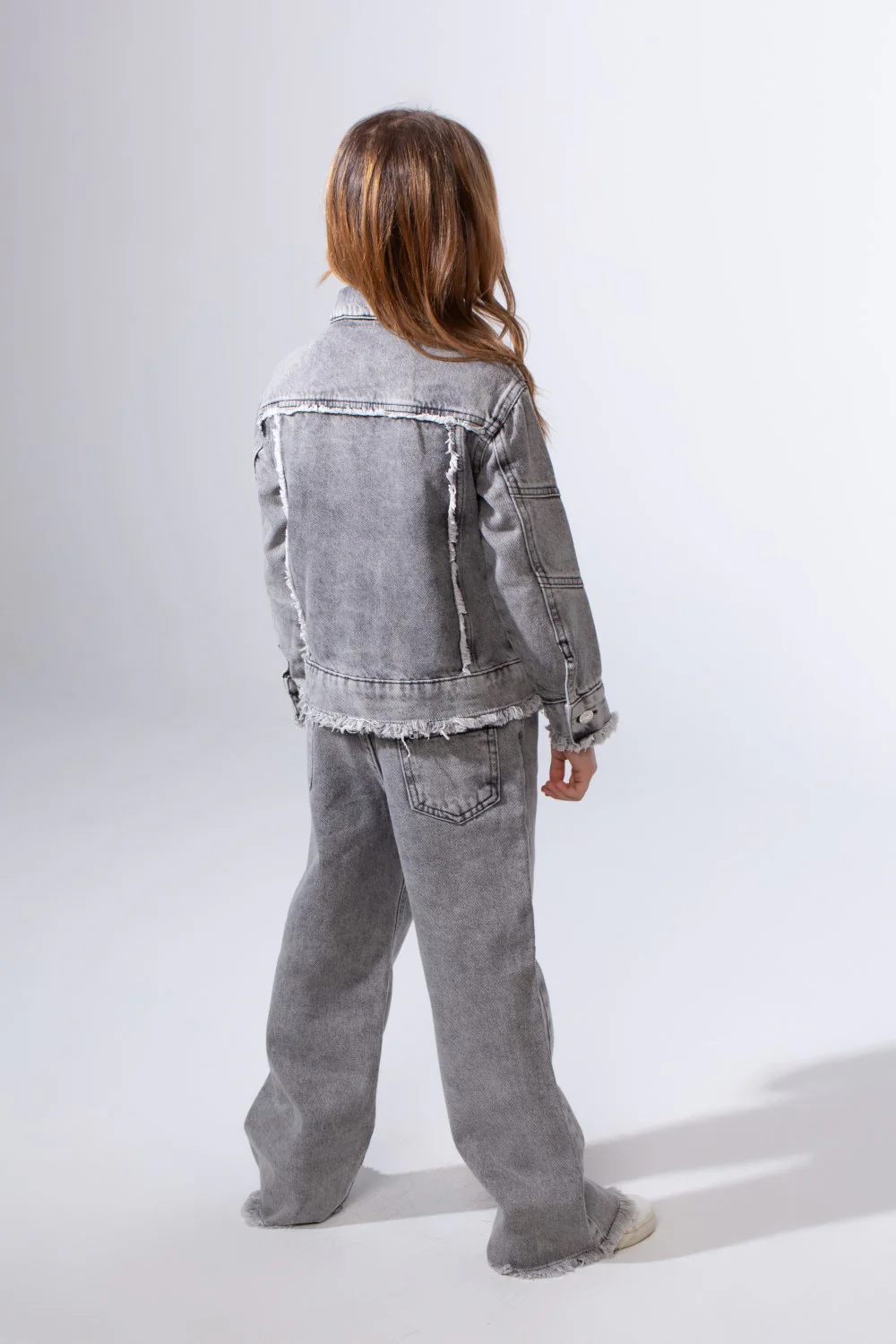 Girl's Two-Piece Denim Set With Unique Frayed White Trim Unfinish Look Classic Neck Button-Down Slim Fit Modern Outfit - Image 10