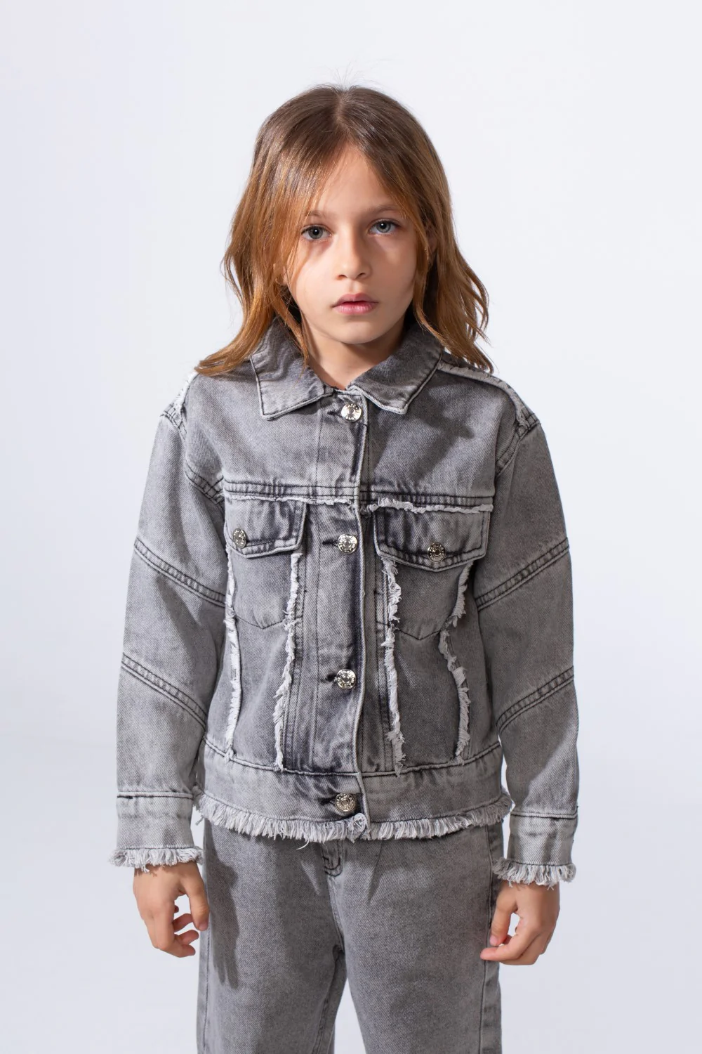 Girl's Two-Piece Denim Set With Unique Frayed White Trim Unfinish Look Classic Neck Button-Down Slim Fit Modern Outfit - Image 11