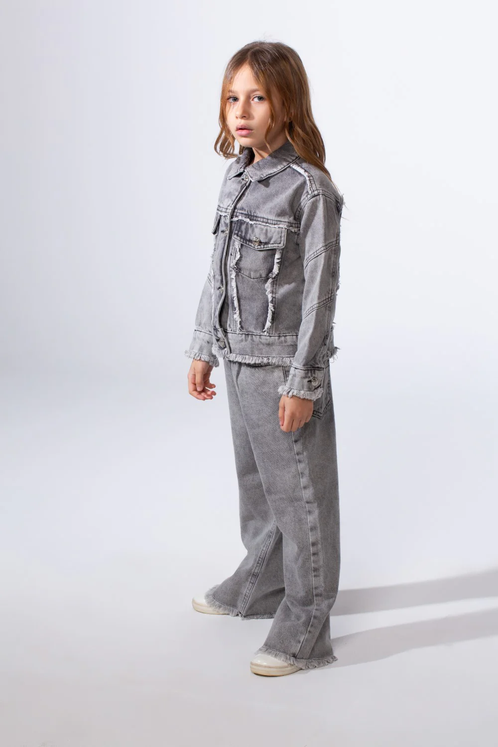Girl's Two-Piece Denim Set With Unique Frayed White Trim Unfinish Look Classic Neck Button-Down Slim Fit Modern Outfit - Image 12