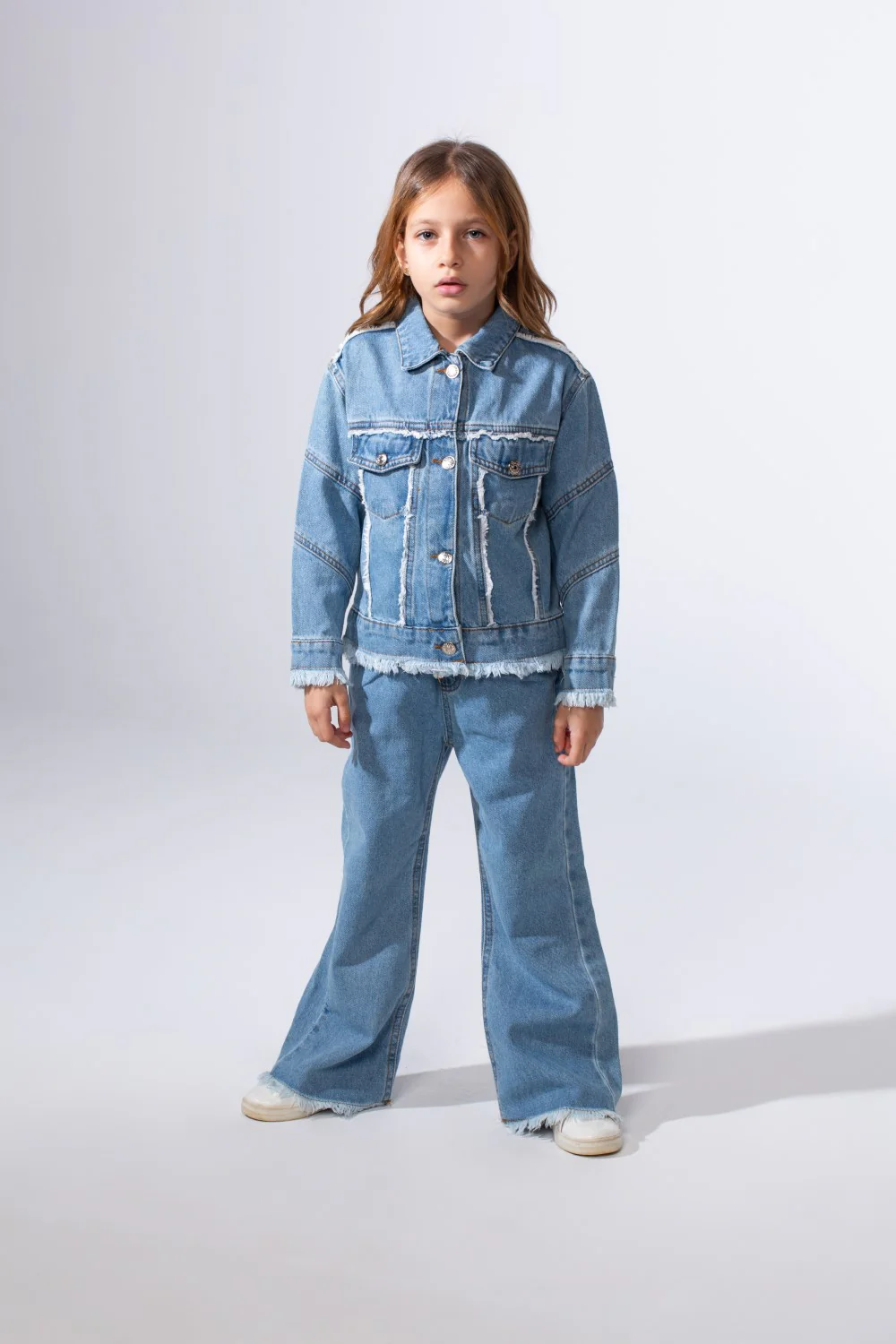 Girl's Two-Piece Denim Set With Unique Frayed White Trim Unfinish Look Classic Neck Button-Down Slim Fit Modern Outfit - Image 13