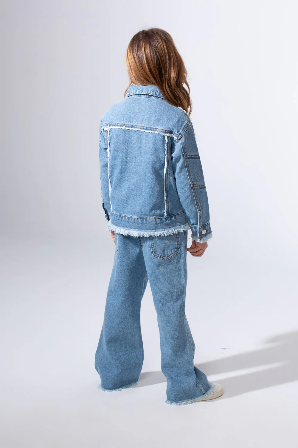 Girl's Two-Piece Denim Set With Unique Frayed White Trim Unfinish Look Classic Neck Button-Down Slim Fit Modern Outfit - Image 14