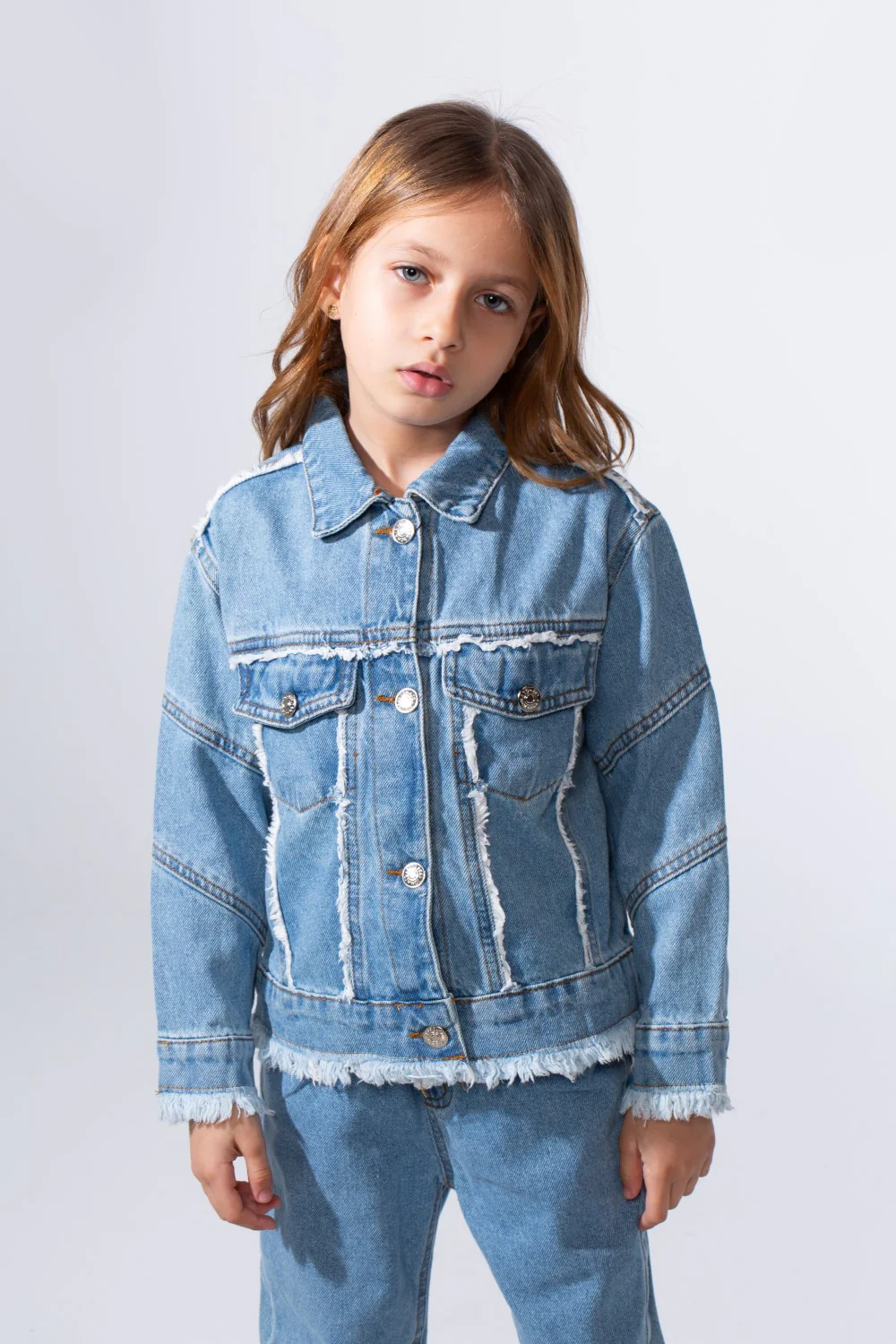 Girl's Two-Piece Denim Set With Unique Frayed White Trim Unfinish Look Classic Neck Button-Down Slim Fit Modern Outfit - Image 15