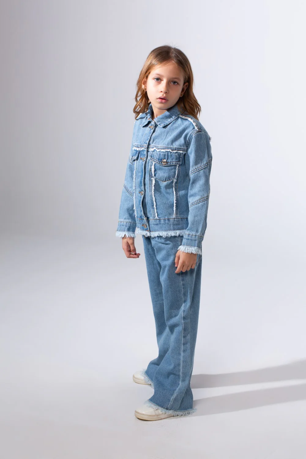 Girl's Two-Piece Denim Set With Unique Frayed White Trim Unfinish Look Classic Neck Button-Down Slim Fit Modern Outfit - Image 16