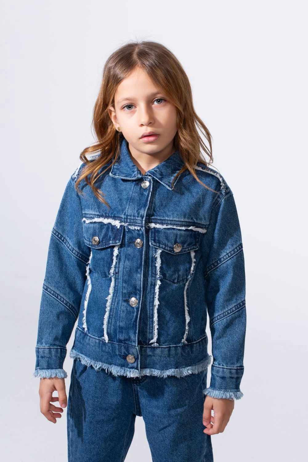 Girl's Two-Piece Denim Set With Unique Frayed White Trim Unfinish Look Classic Neck Button-Down Slim Fit Modern Outfit - Image 3