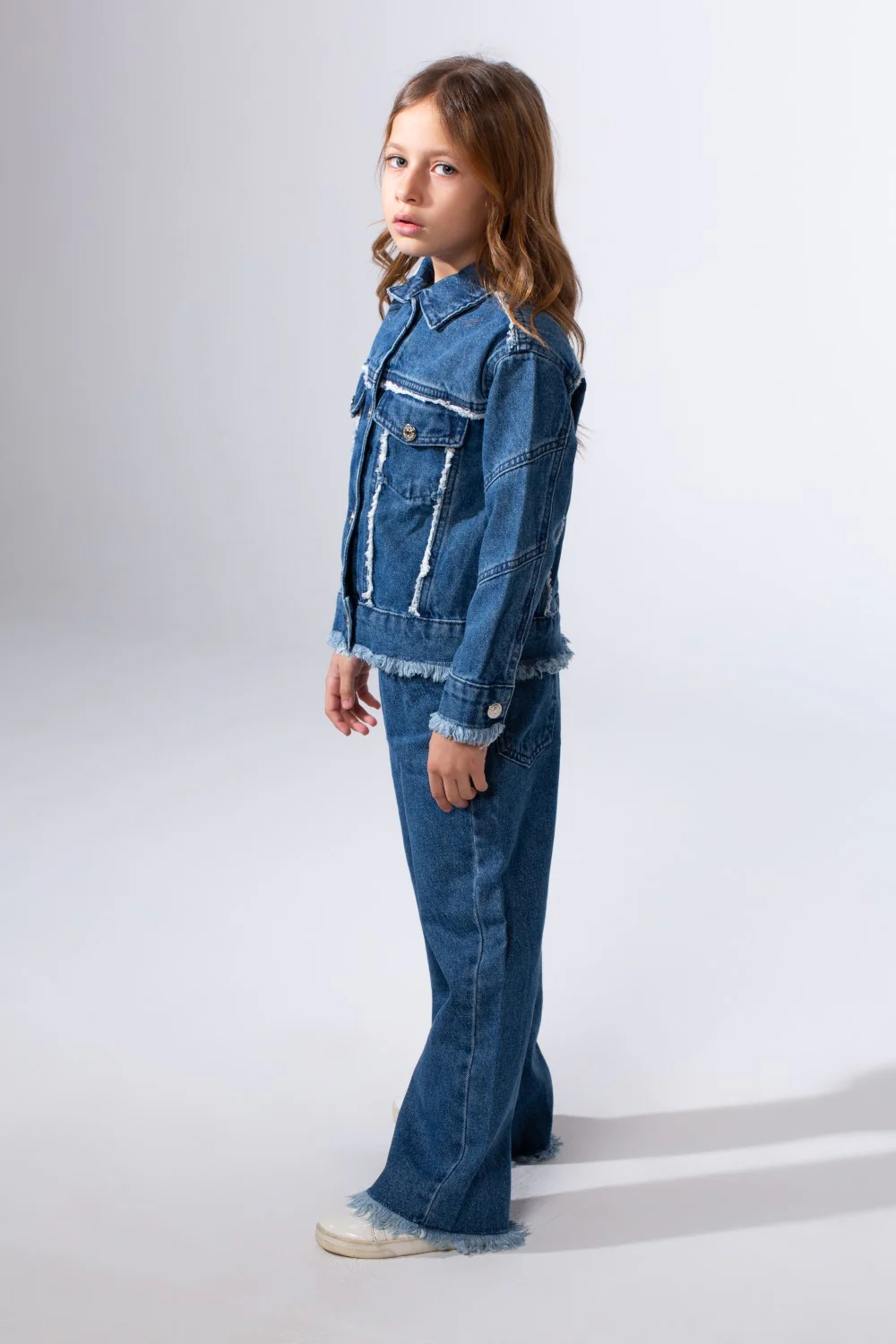 Girl's Two-Piece Denim Set With Unique Frayed White Trim Unfinish Look Classic Neck Button-Down Slim Fit Modern Outfit - Image 4