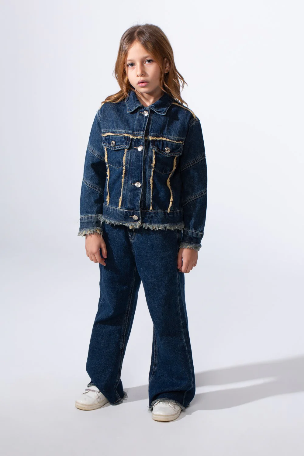 Girl's Two-Piece Denim Set With Unique Frayed White Trim Unfinish Look Classic Neck Button-Down Slim Fit Modern Outfit - Image 5