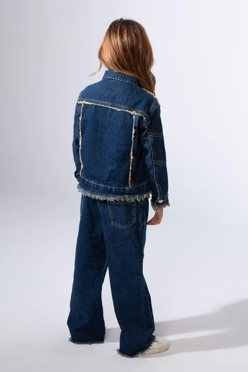 Girl's Two-Piece Denim Set With Unique Frayed White Trim Unfinish Look Classic Neck Button-Down Slim Fit Modern Outfit - Image 6