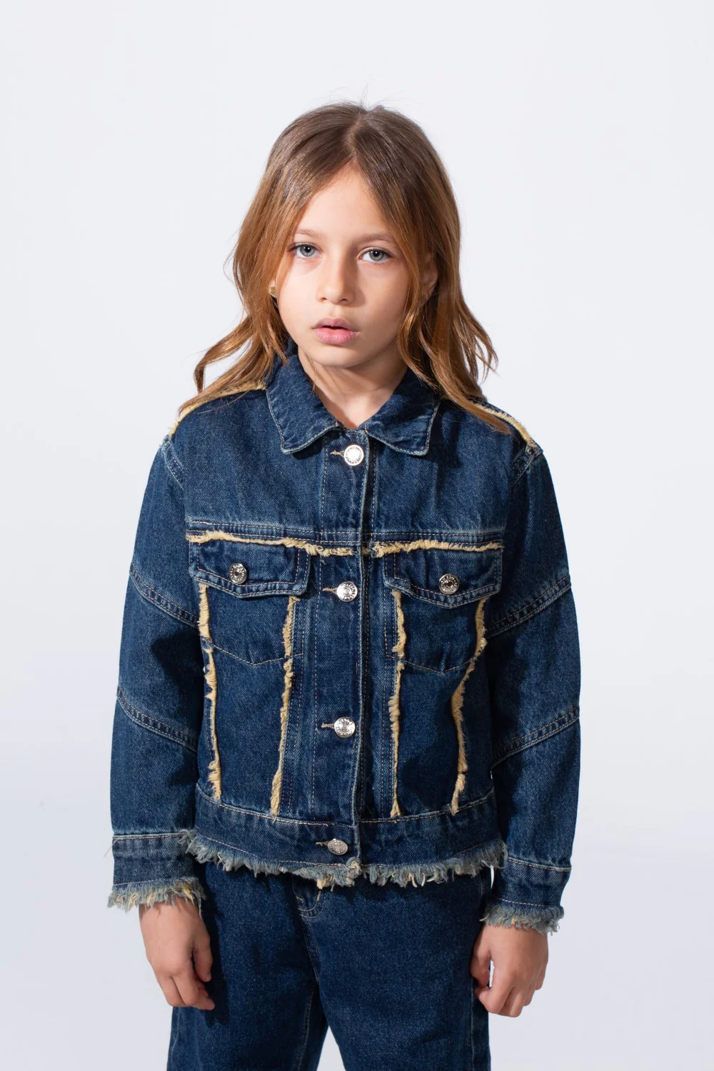 Girl's Two-Piece Denim Set With Unique Frayed White Trim Unfinish Look Classic Neck Button-Down Slim Fit Modern Outfit - Image 7