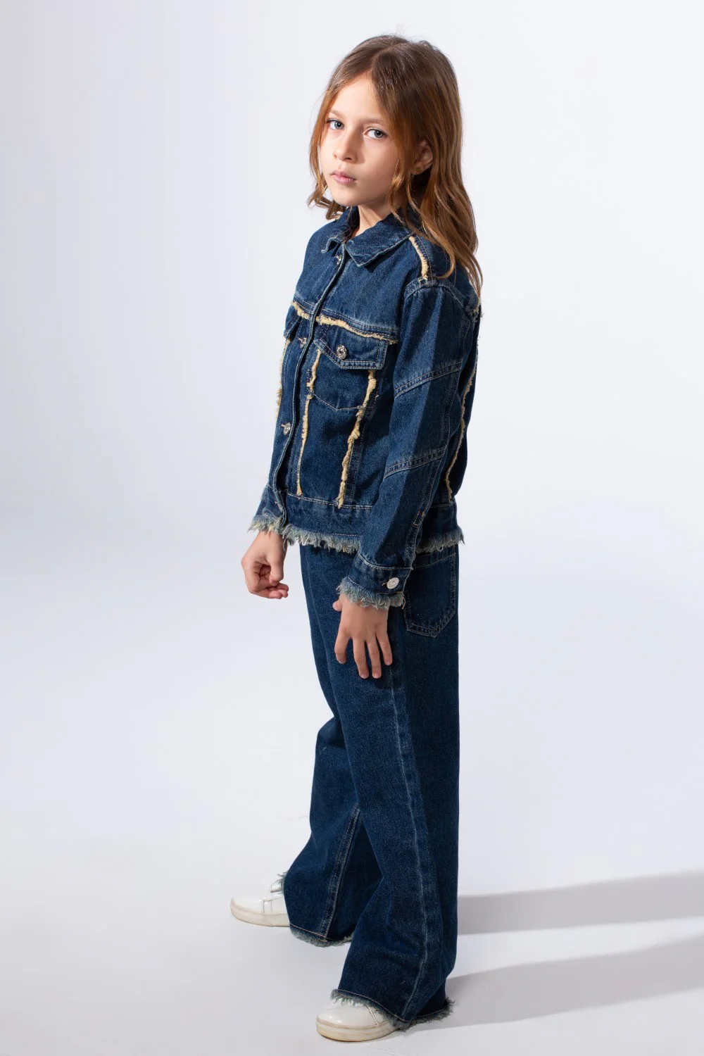 Girl's Two-Piece Denim Set With Unique Frayed White Trim Unfinish Look Classic Neck Button-Down Slim Fit Modern Outfit - Image 8
