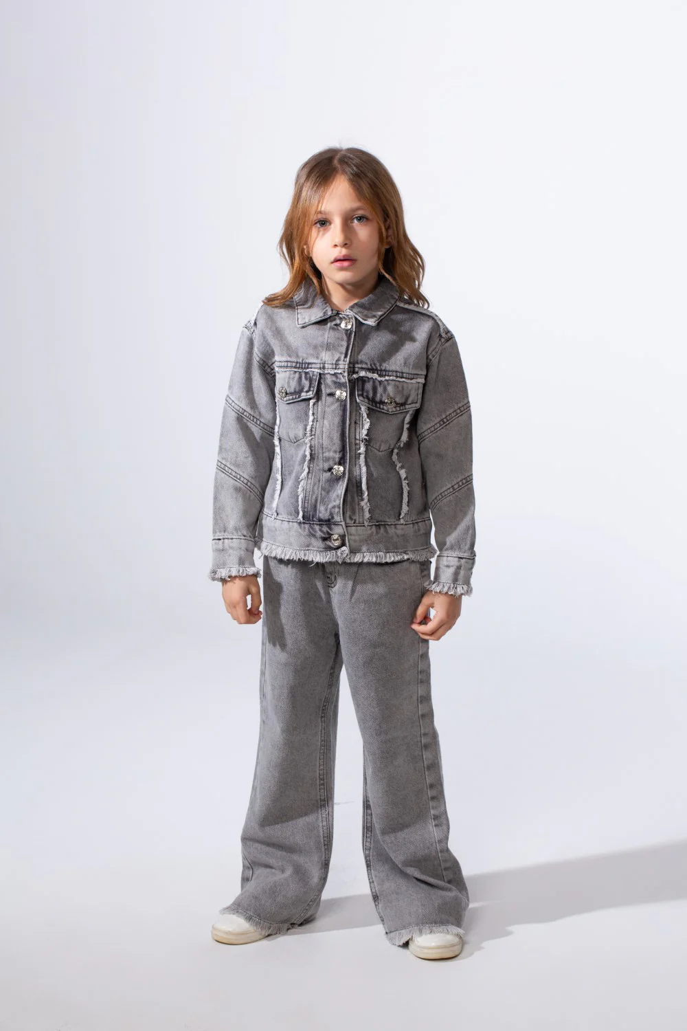 Girl's Two-Piece Denim Set With Unique Frayed White Trim Unfinish Look Classic Neck Button-Down Slim Fit Modern Outfit - Image 9