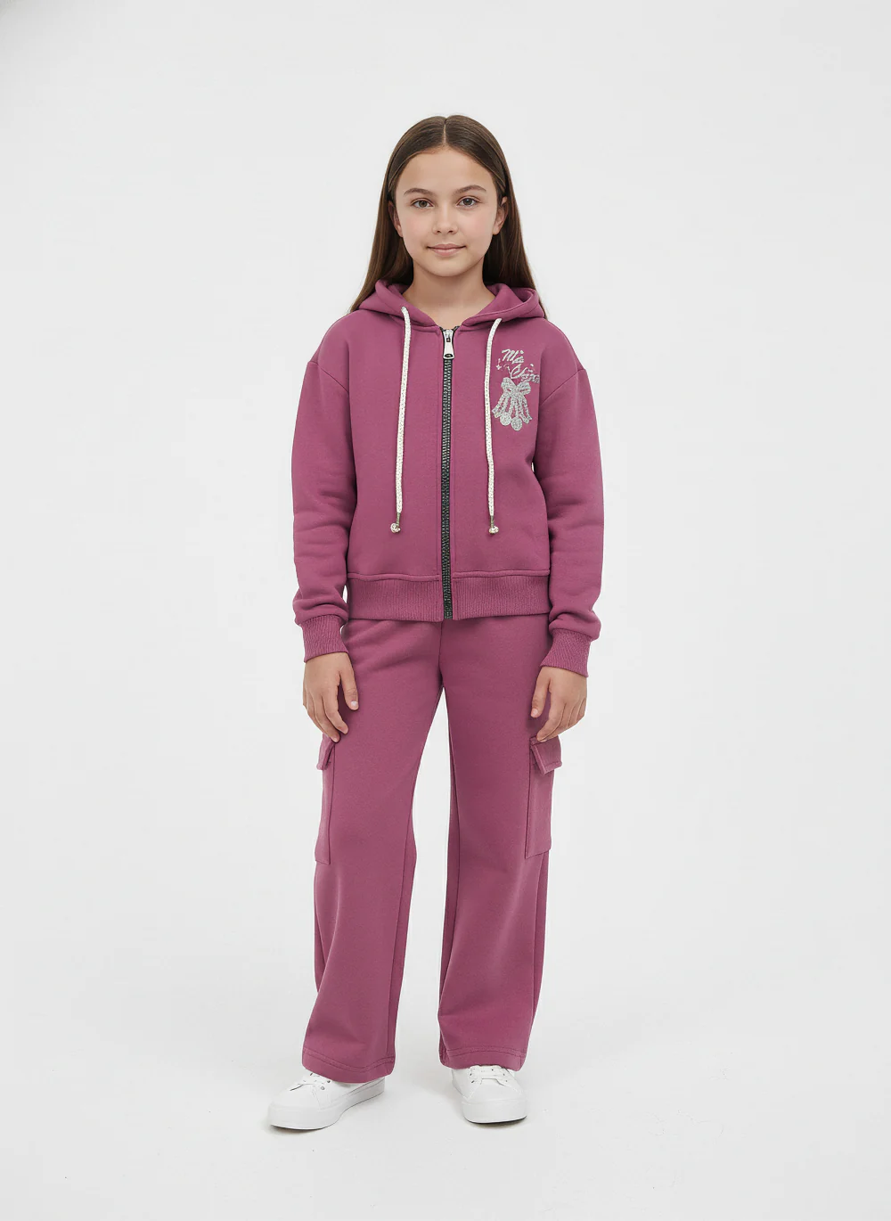 Girl's Two-Piece Full Zip With Hood & Chest Print Detail & Pockets Comfy Outfit