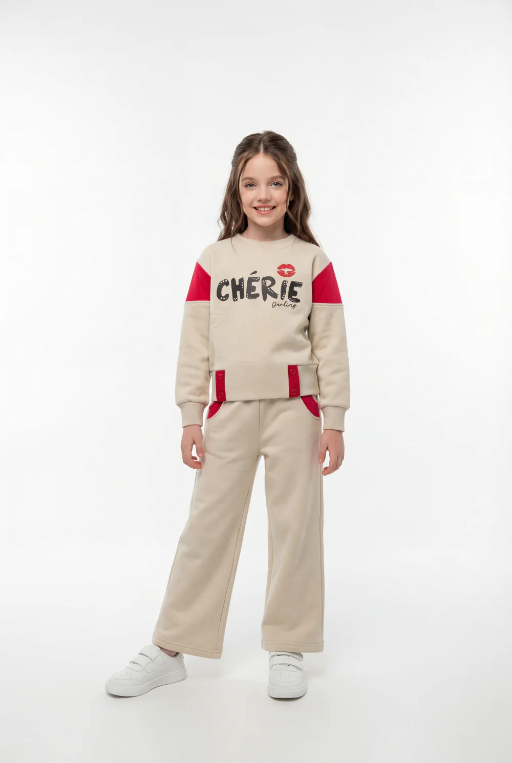 Girl's Two-Piece Set Vibrant Color Block Design Crew Neck Playful Graphic Print Cozy Warmth Trendy Slim Fit Melton Outfit - Image 5