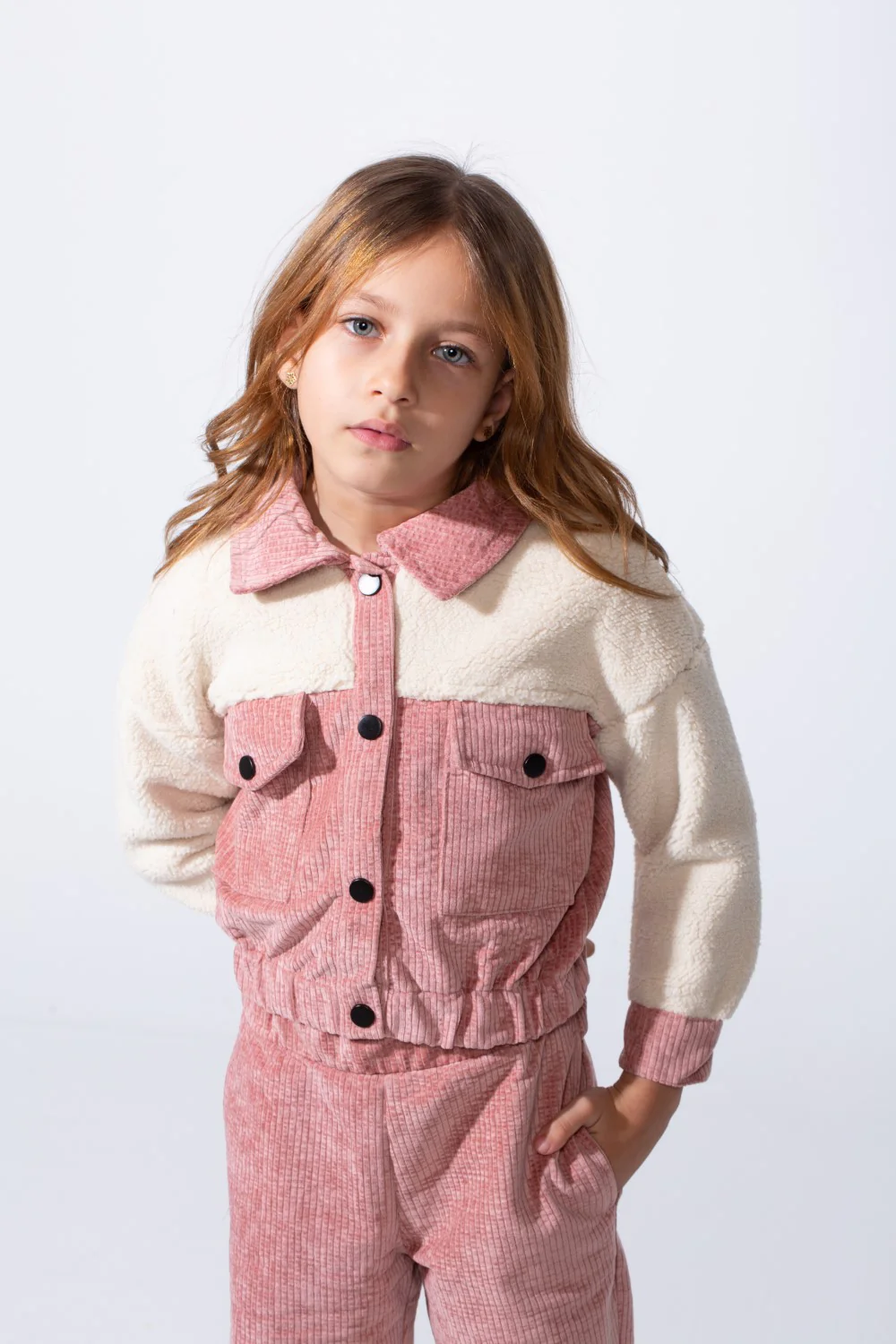 Girl's Two-Pieces With Mix Textured Fabric Classics Collar Button Down Two Chest Pockets Trendy Layered Modern Outfit - Image 11