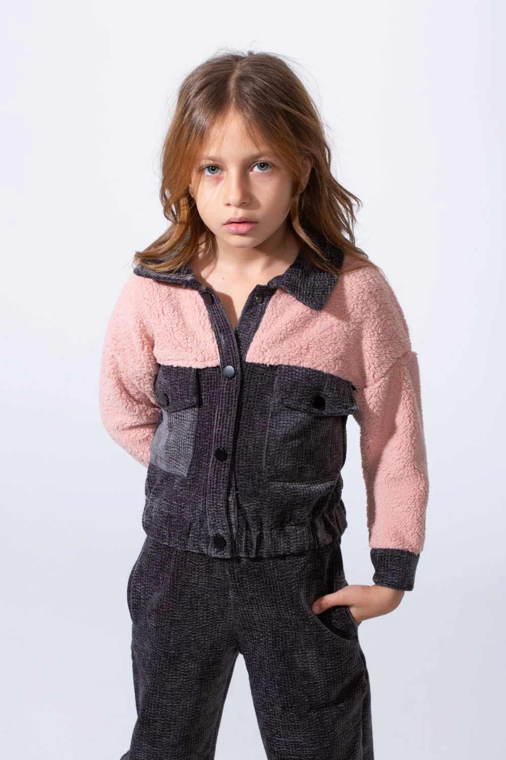 Girl's Two-Pieces With Mix Textured Fabric Classics Collar Button Down Two Chest Pockets Trendy Layered Modern Outfit - Image 3
