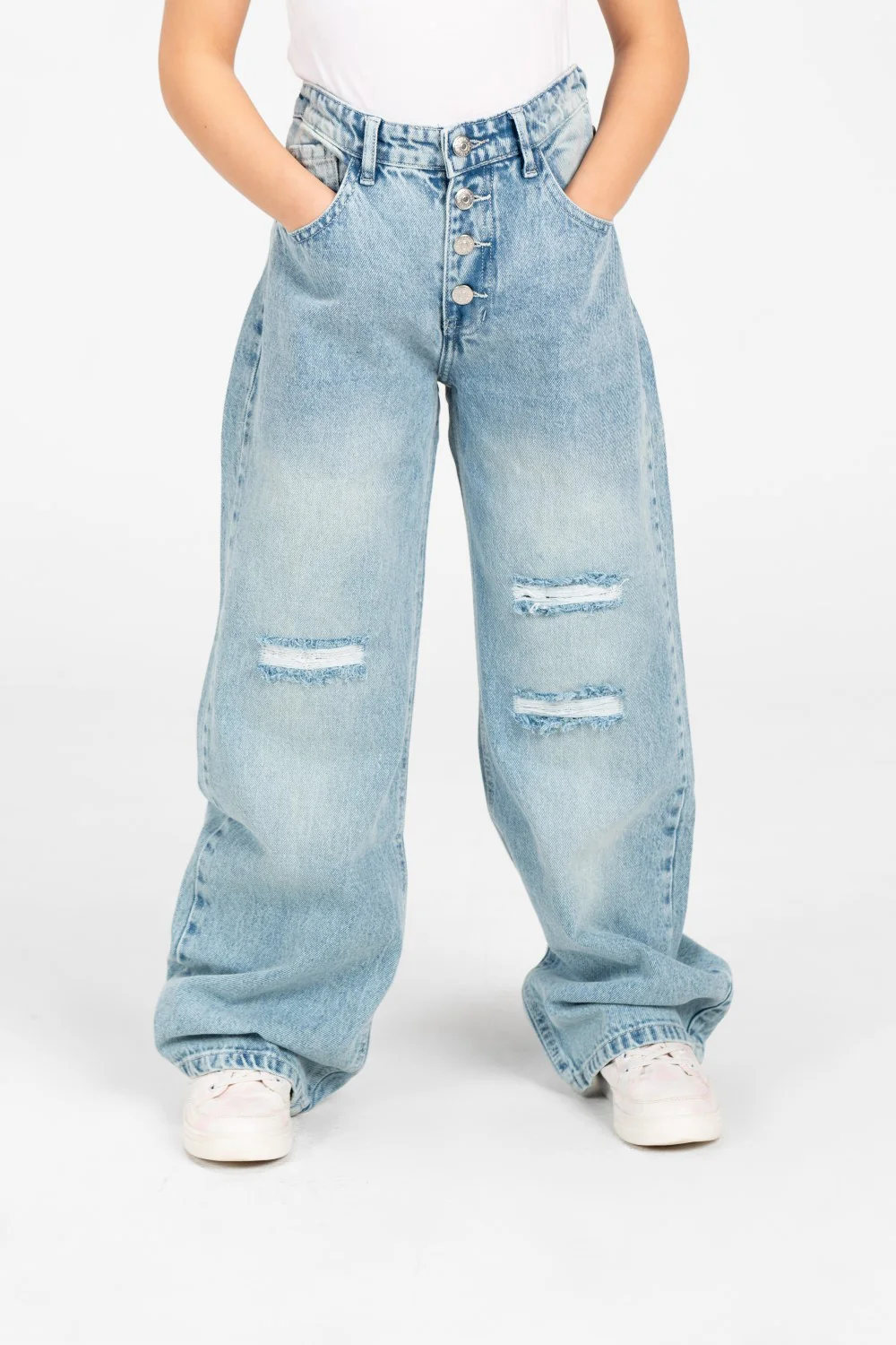 Girl's Wide Leg Cutting Jeans Pants with Modern Front Buttons