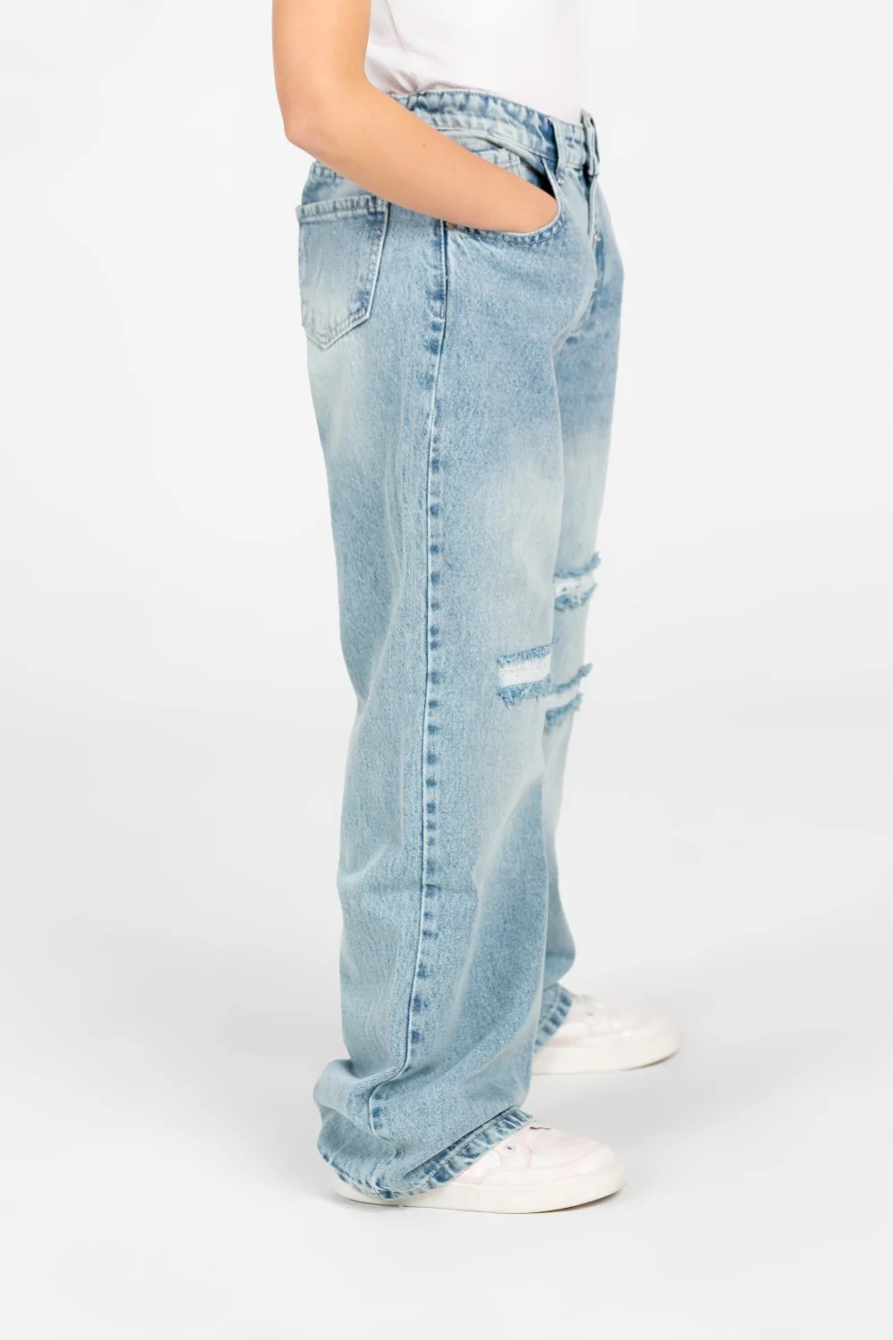 Girl's Wide Leg Cutting Jeans Pants with Modern Front Buttons - Image 3