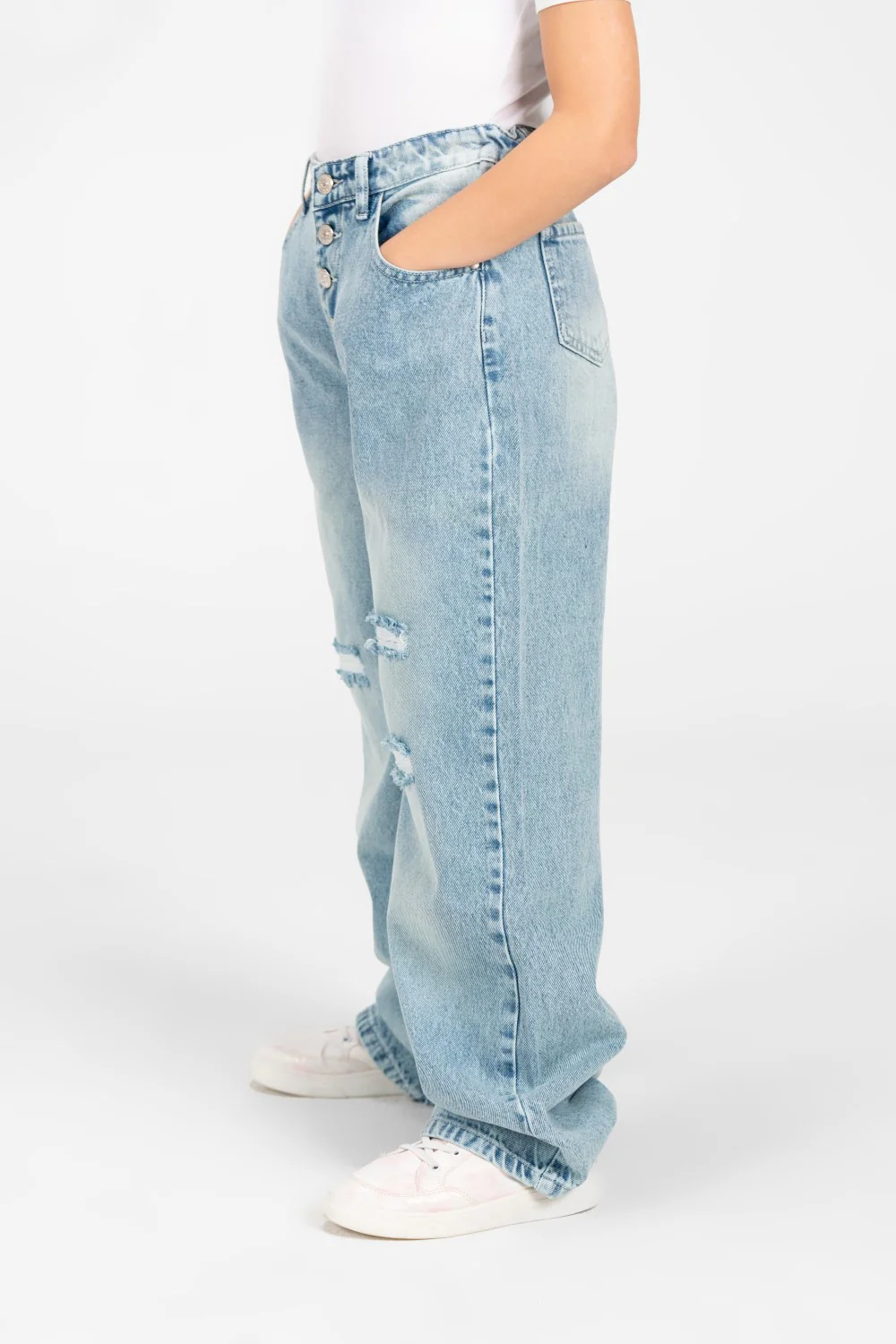 Girl's Wide Leg Cutting Jeans Pants with Modern Front Buttons - Image 4