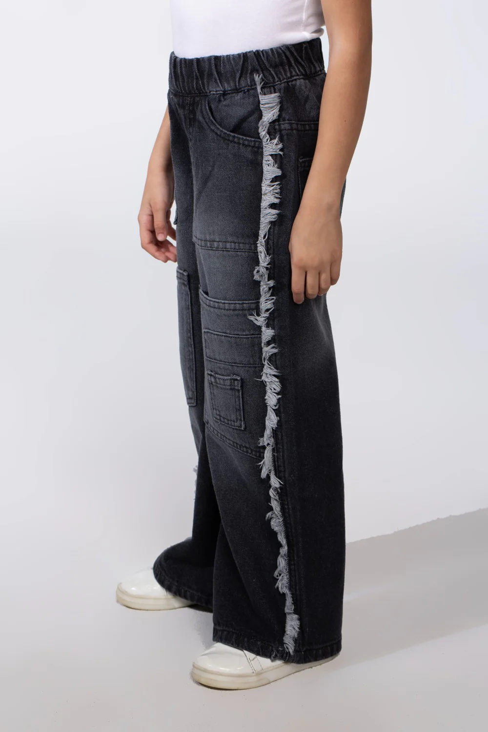 Girl's Wide-Leg With Comfy Elastic Waistband Detailed With Pockets Unique Frayed-Edge On Sides Casual Denim Jeans - Image 11