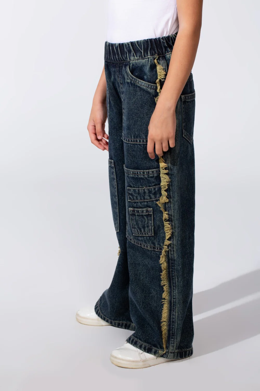 Girl's Wide-Leg With Comfy Elastic Waistband Detailed With Pockets Unique Frayed-Edge On Sides Casual Denim Jeans - Image 15